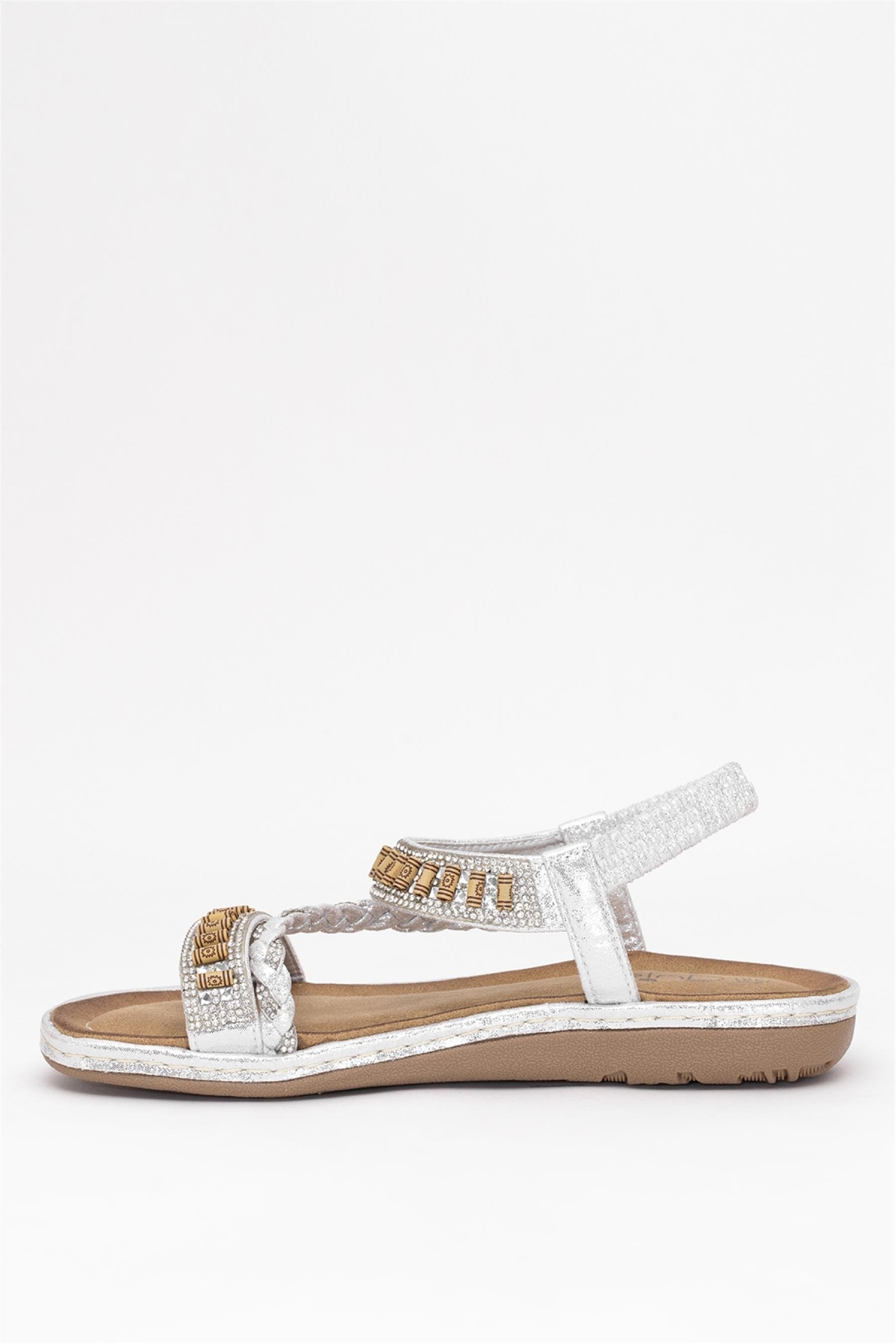 25Y152-1 Kadın Taşlı Düz Sandalet Gümüş - Görsel 4