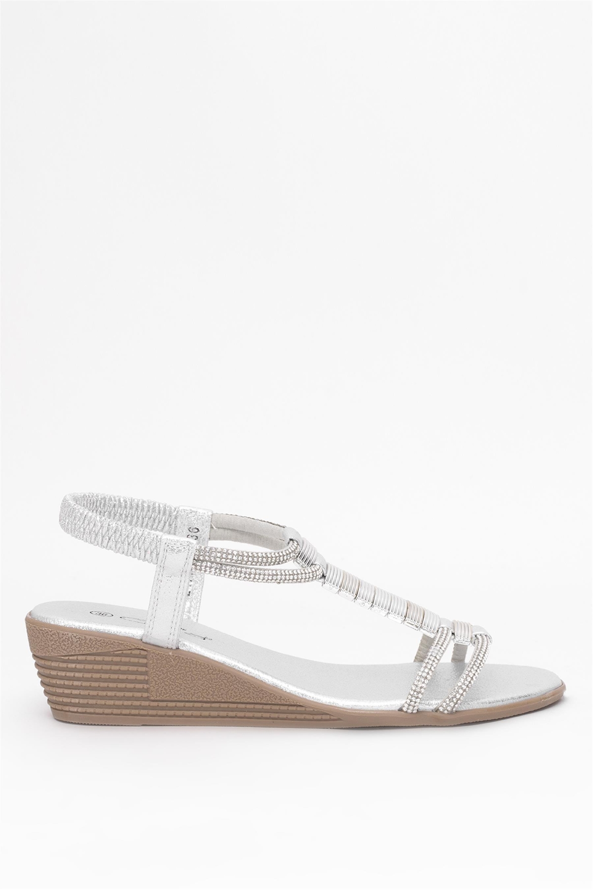 25Y145-1 Kadın Taşlı Dolgu Topuk Sandalet Gümüş - Görsel 2