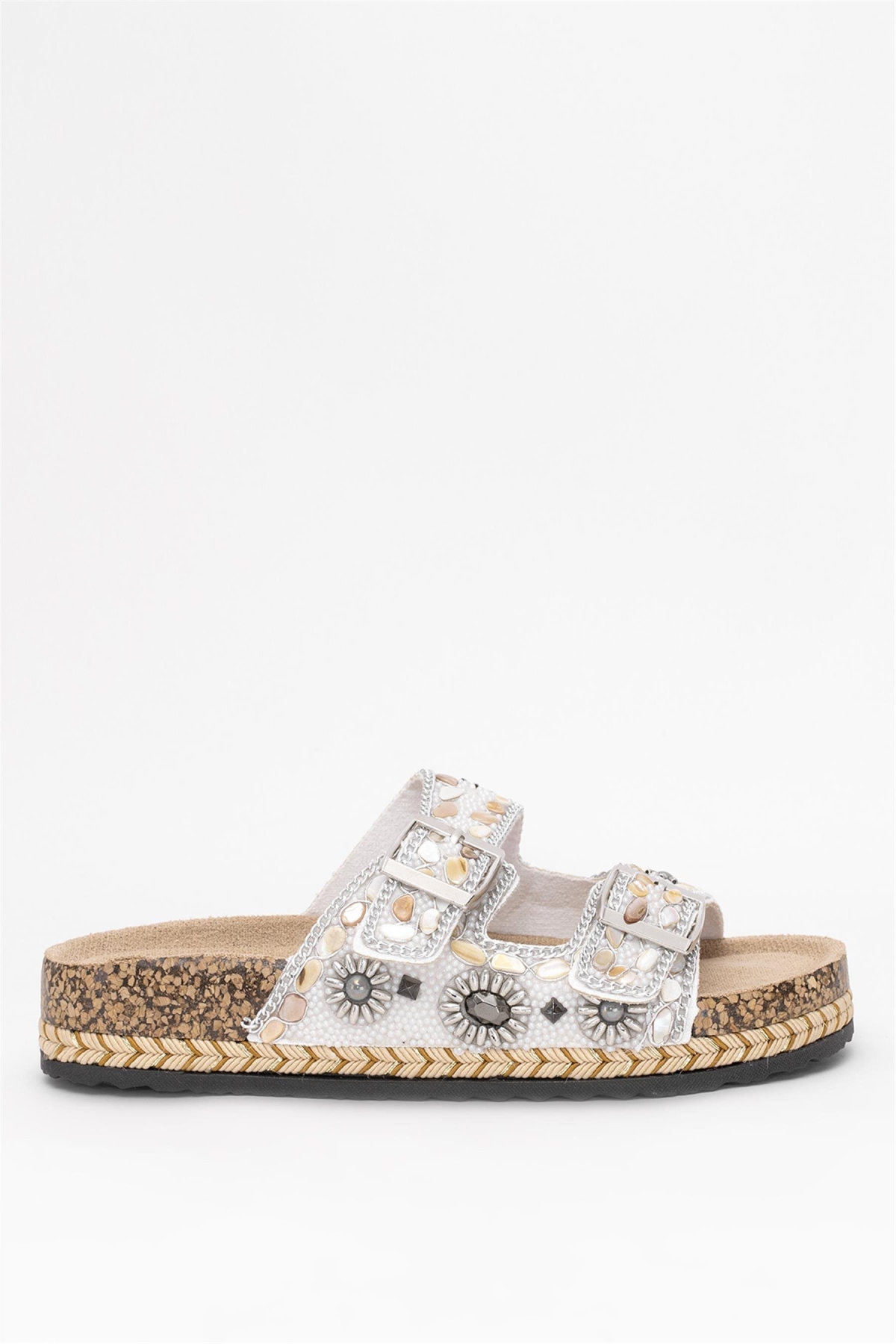 25Y183-1 Kadın Taşlı Düz Terlik Gümüş - Görsel 2