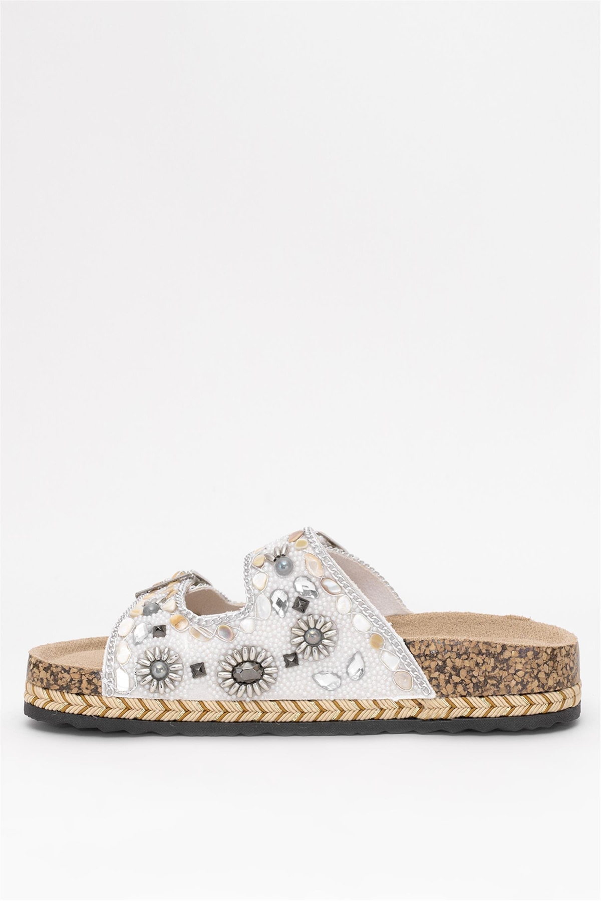 25Y183-1 Kadın Taşlı Düz Terlik Gümüş - Görsel 4