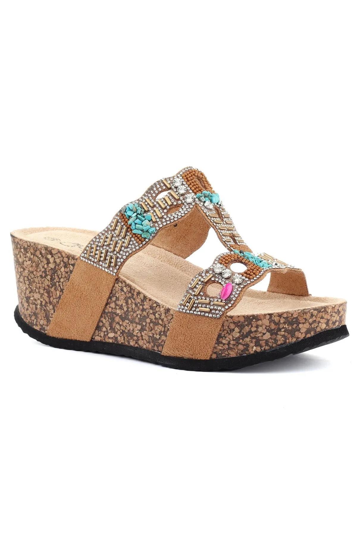 GJ Arina Anatomik Dolgu Kalın Taban Bonçuk Taş Detaylı Kadın Terlik - Görsel 2