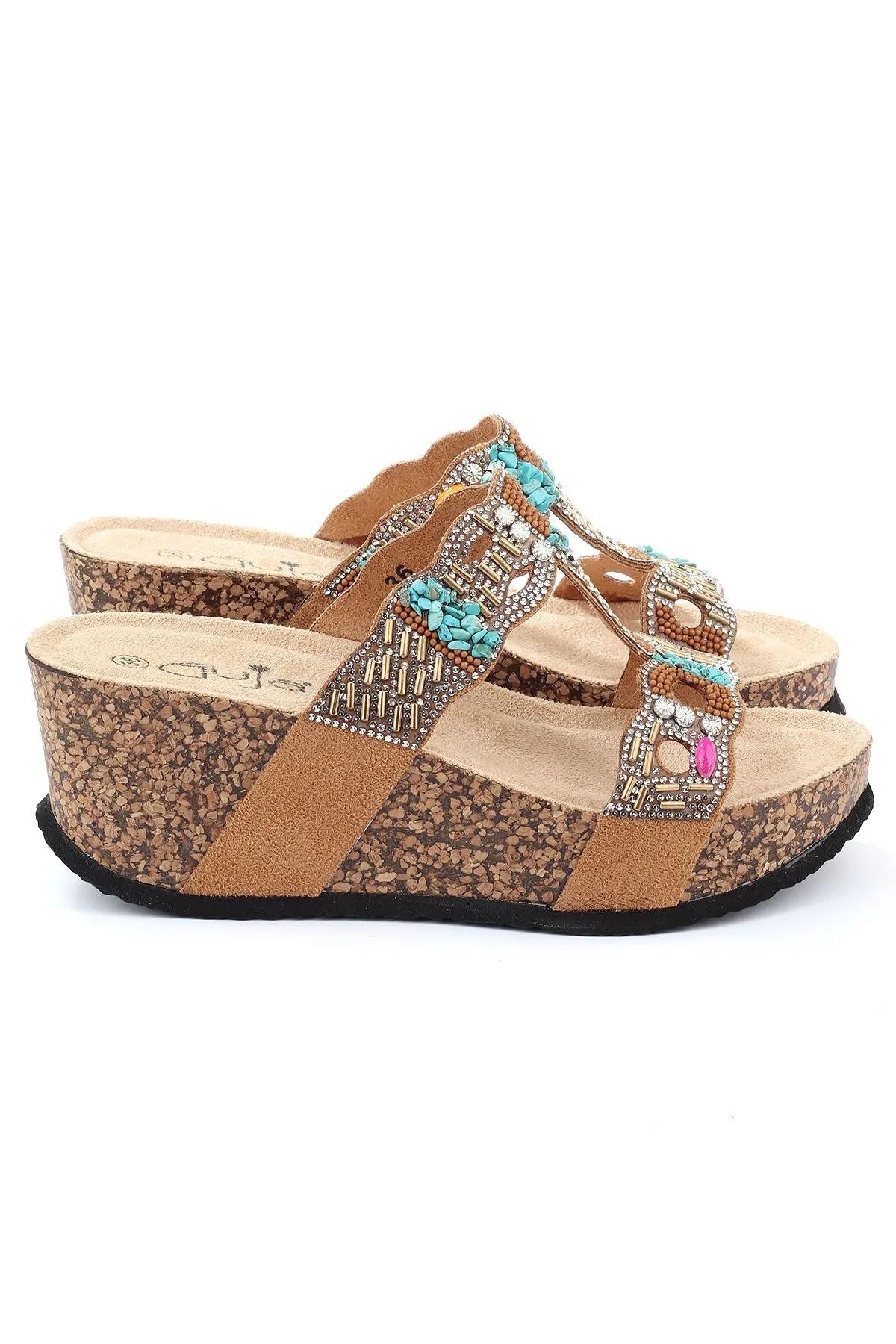 GJ Arina Anatomik Dolgu Kalın Taban Bonçuk Taş Detaylı Kadın Terlik - Görsel 5