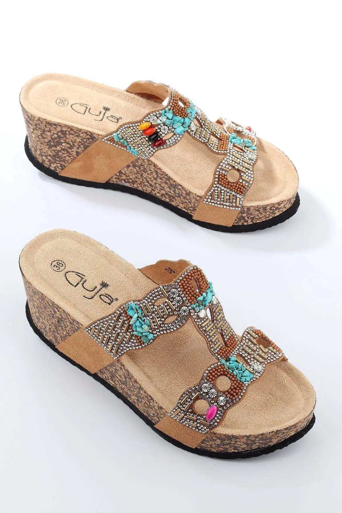 GJ Arina Anatomik Dolgu Kalın Taban Bonçuk Taş Detaylı Kadın Terlik - Görsel 6