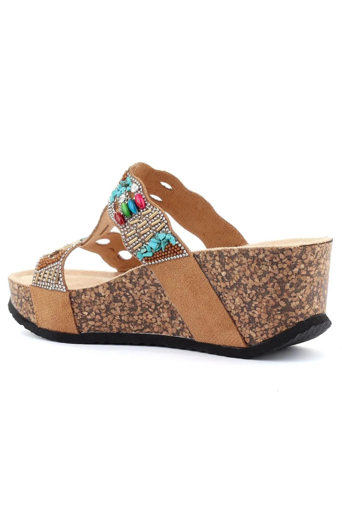 GJ Arina Anatomik Dolgu Kalın Taban Bonçuk Taş Detaylı Kadın Terlik - Görsel 7