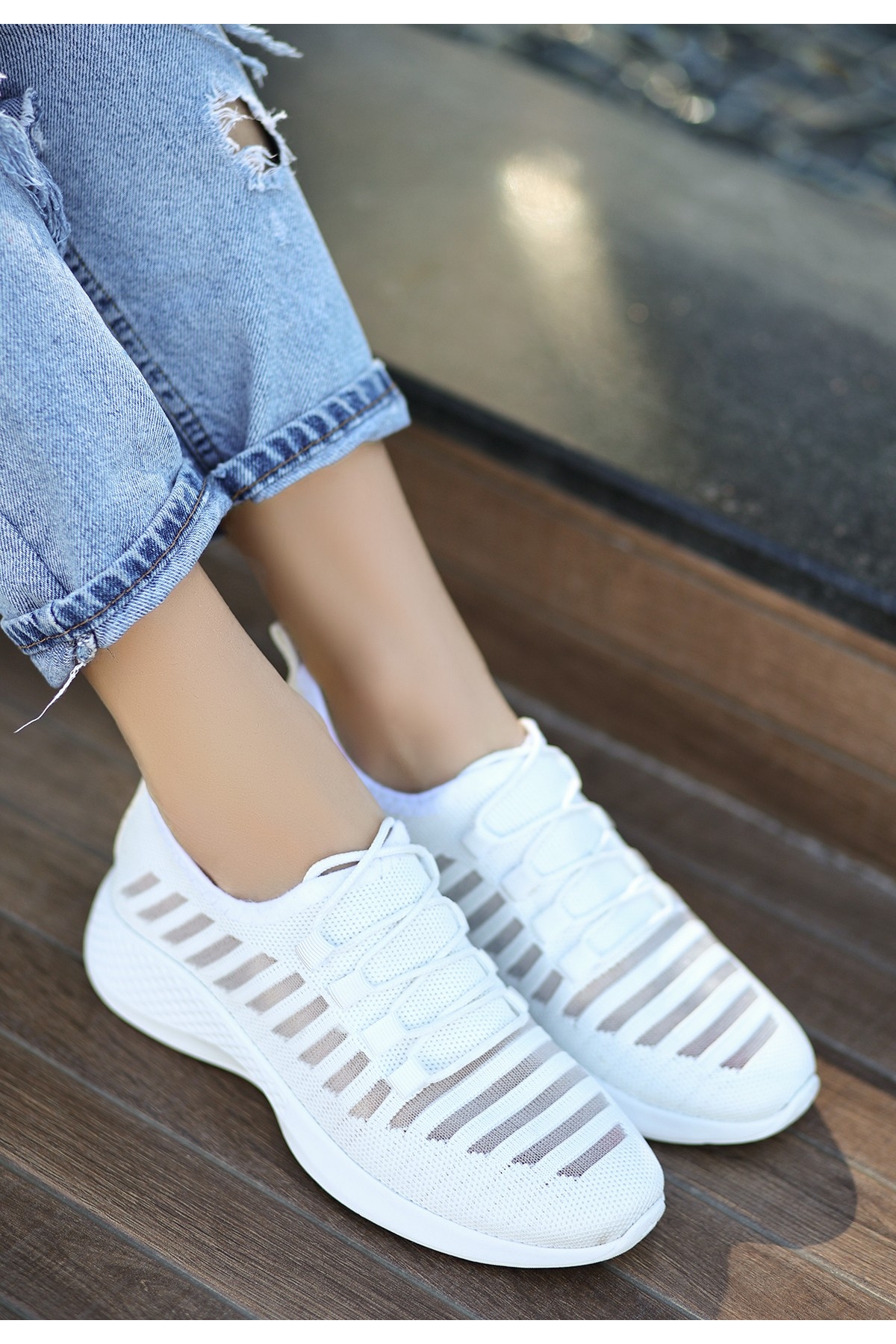 Beyaz Triko Kadın Spor Ayakkabı - Görsel 12