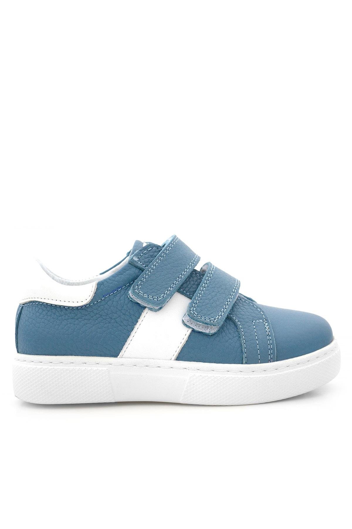 Hakiki Deri Mavi Beyaz Cırt Cırtlı Çocuk Spor Ayakkabı - Görsel 2