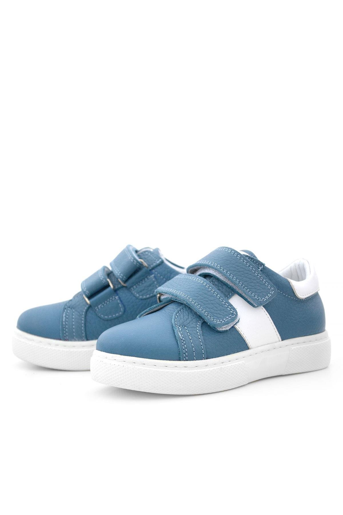 Hakiki Deri Mavi Beyaz Cırt Cırtlı Çocuk Spor Ayakkabı - Görsel 6