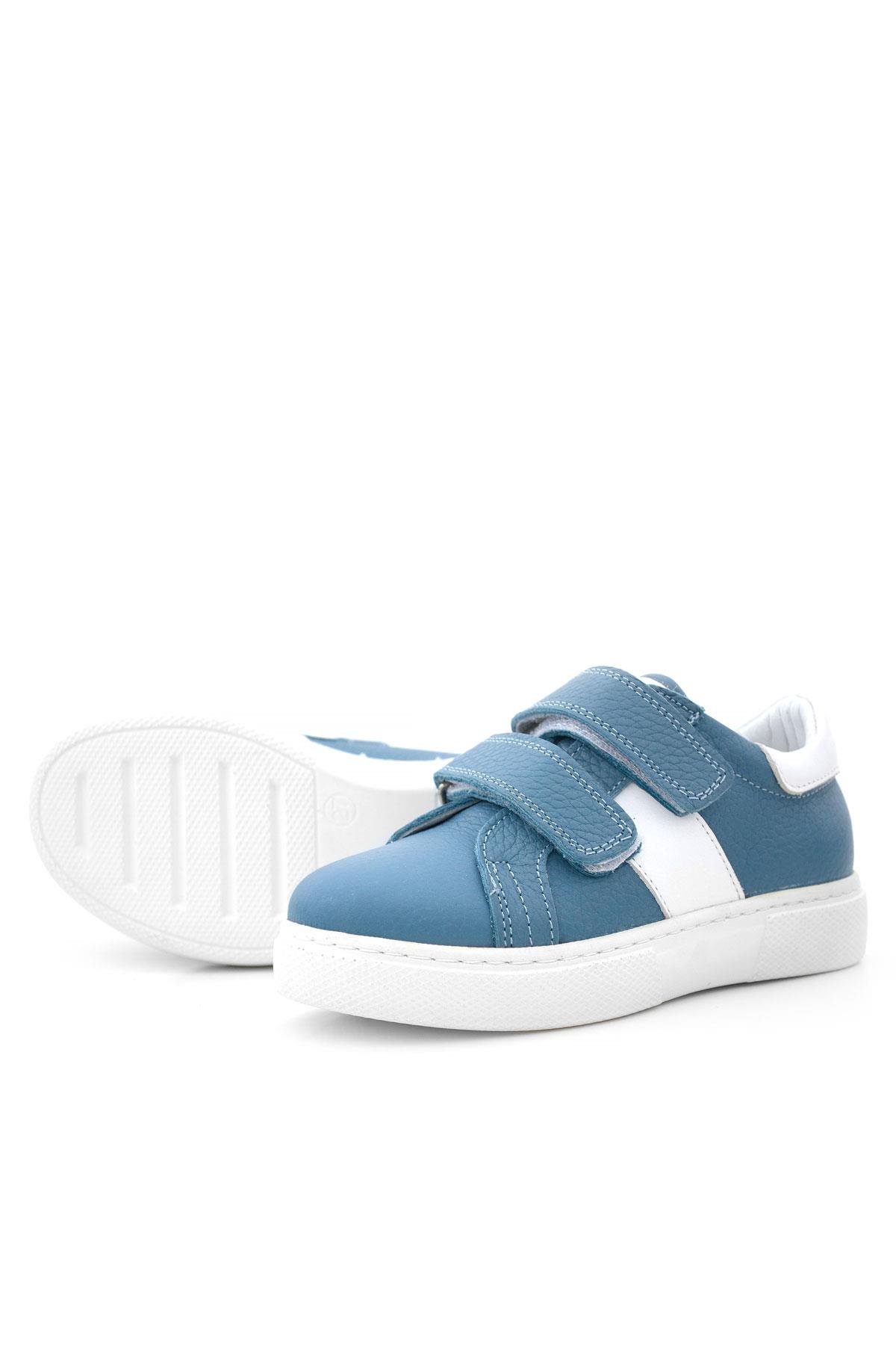 Hakiki Deri Mavi Beyaz Cırt Cırtlı Çocuk Spor Ayakkabı - Görsel 7