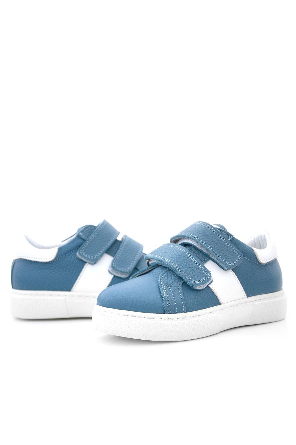 Hakiki Deri Mavi Beyaz Cırt Cırtlı Çocuk Spor Ayakkabı - Görsel 8