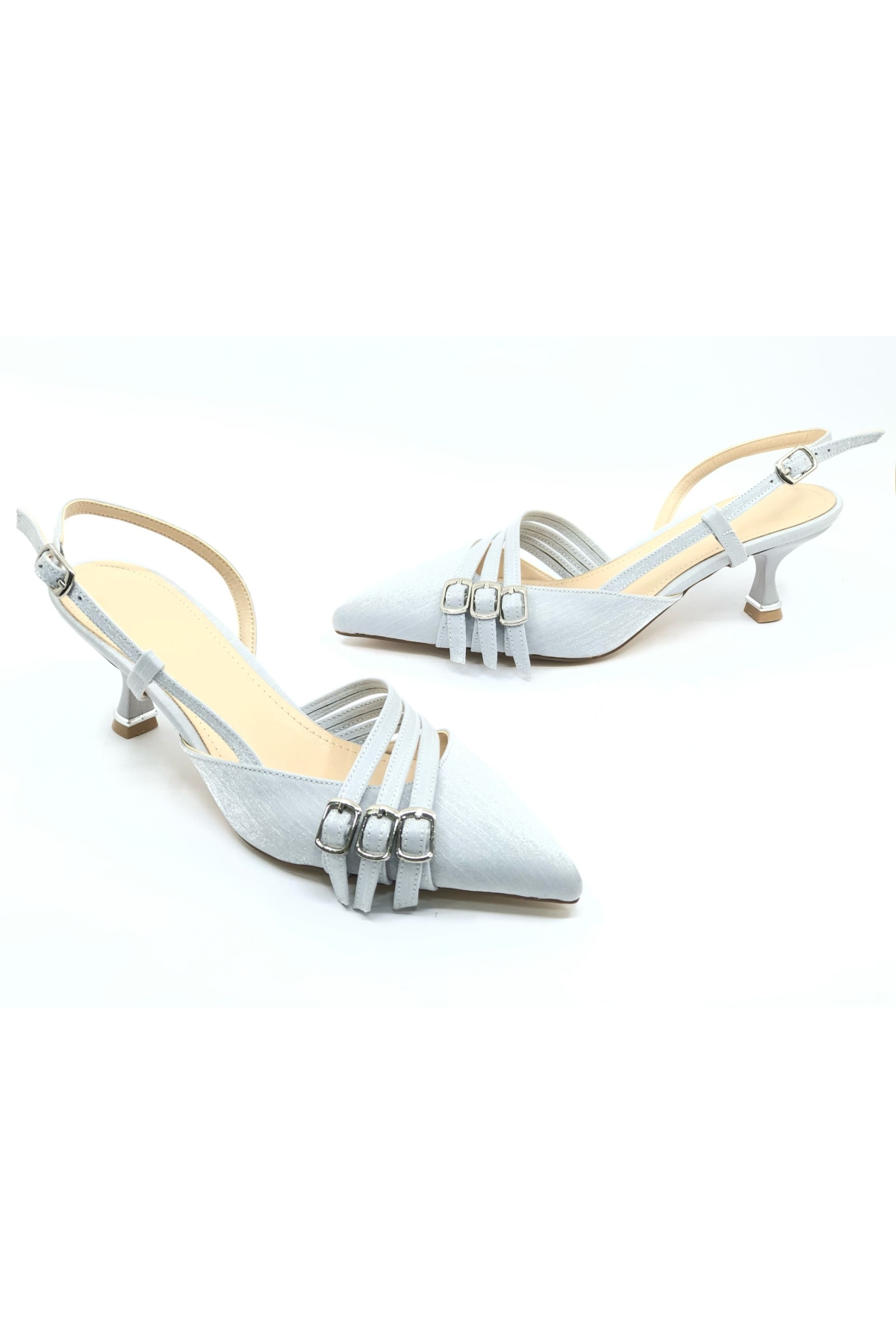 Şeker Topuklu Üç Toka Detaylı Arkası Açık Stiletto Kadın Kısa Topuklu Ayakkabı - Görsel 3