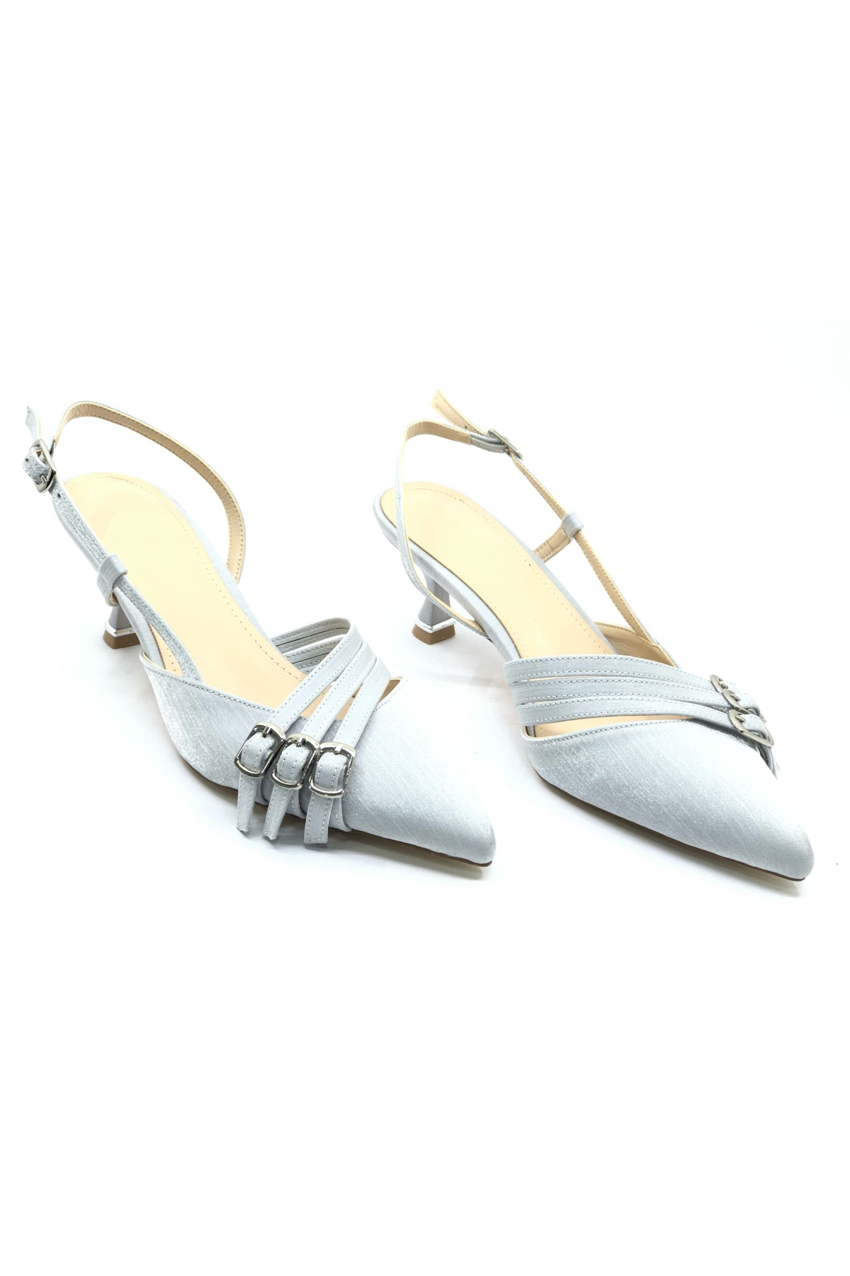 Şeker Topuklu Üç Toka Detaylı Arkası Açık Stiletto Kadın Kısa Topuklu Ayakkabı - Görsel 4