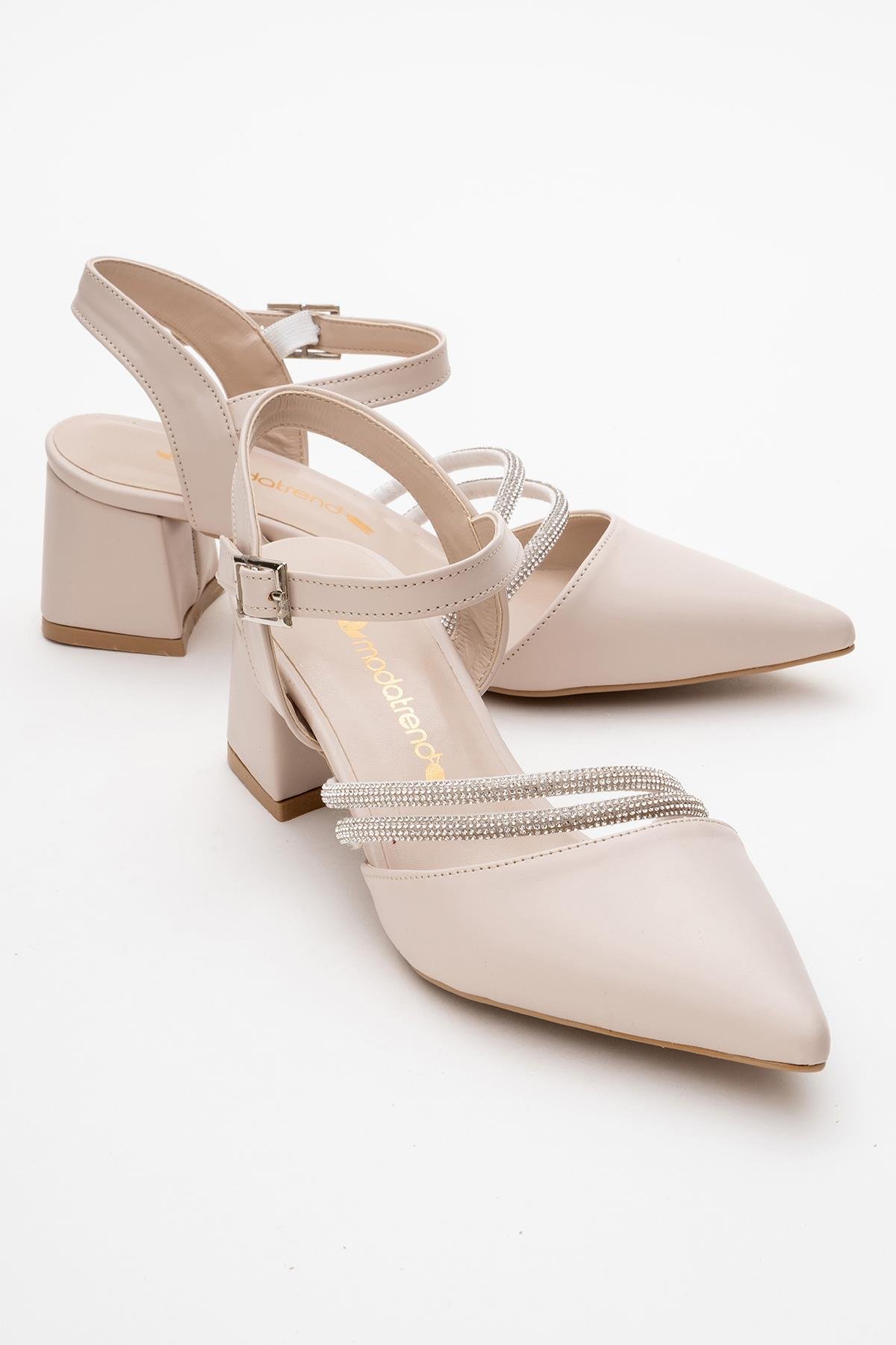 Kadın Taşlı Topuklu Ayakkabı BEJ CİLT - Görsel 3