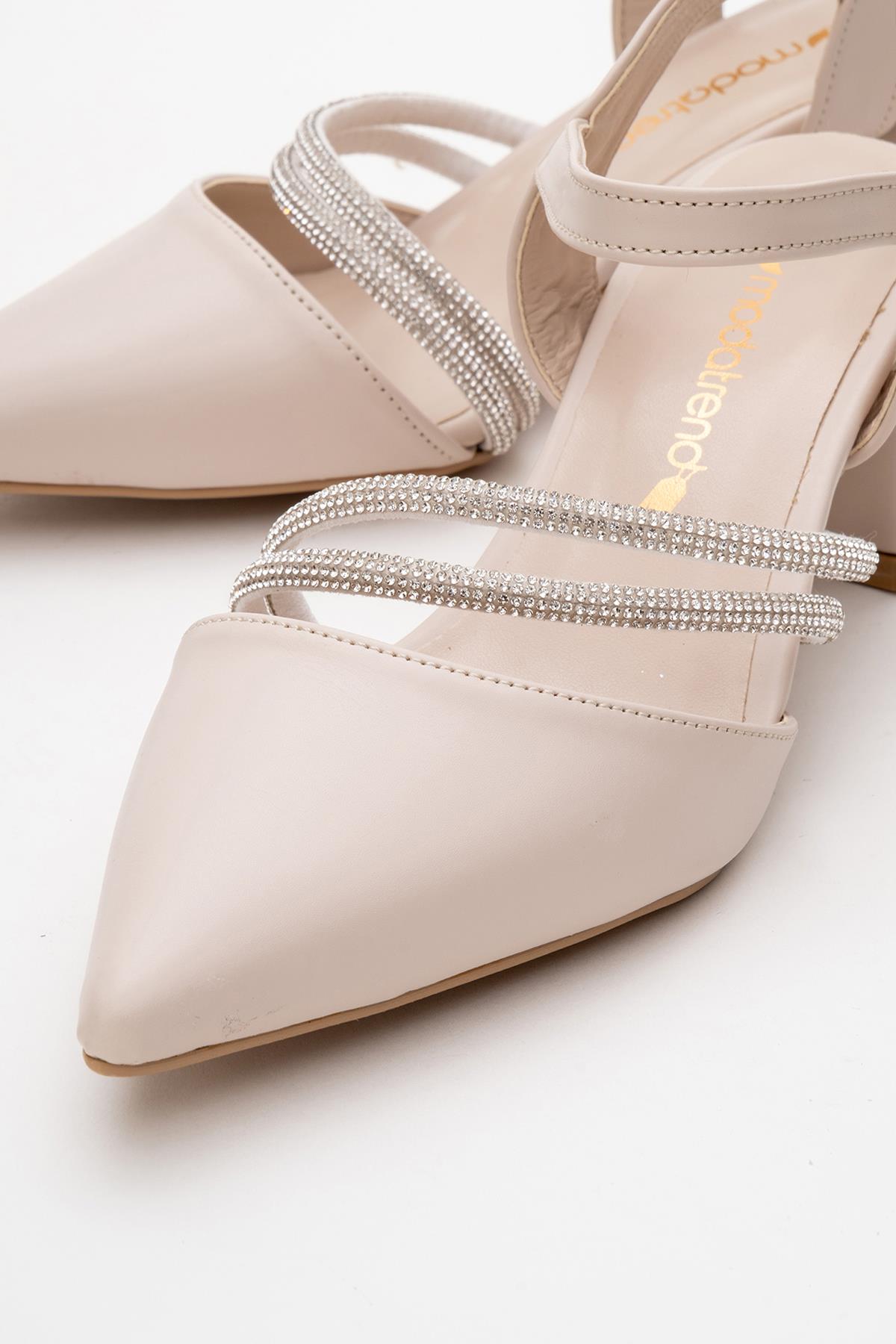 Kadın Taşlı Topuklu Ayakkabı BEJ CİLT - Görsel 4