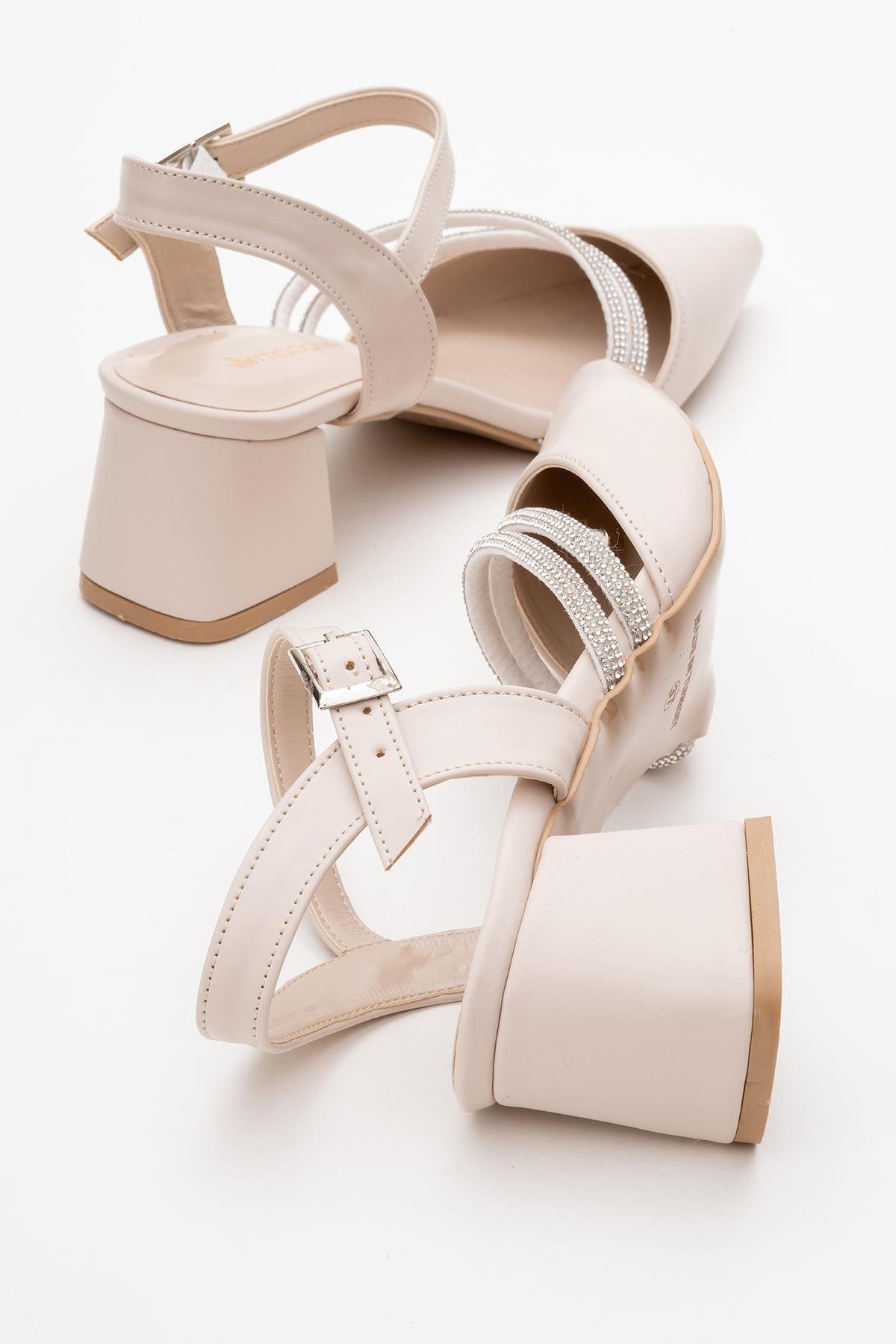 Kadın Taşlı Topuklu Ayakkabı BEJ CİLT - Görsel 5