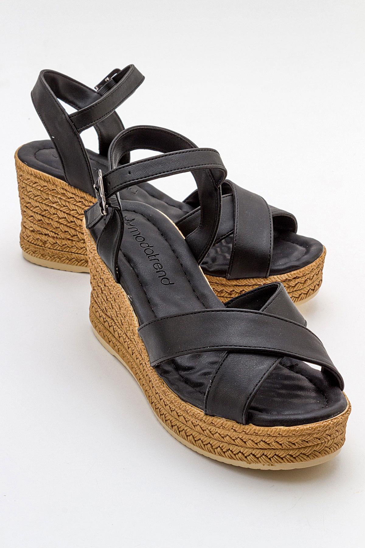 Kadın Çapraz Bantlı Dolgu Topuklu Sandalet SİYAH CİLT - Görsel 2