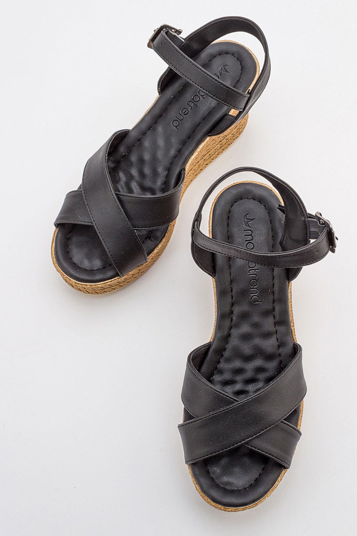 Kadın Çapraz Bantlı Dolgu Topuklu Sandalet SİYAH CİLT - Görsel 6