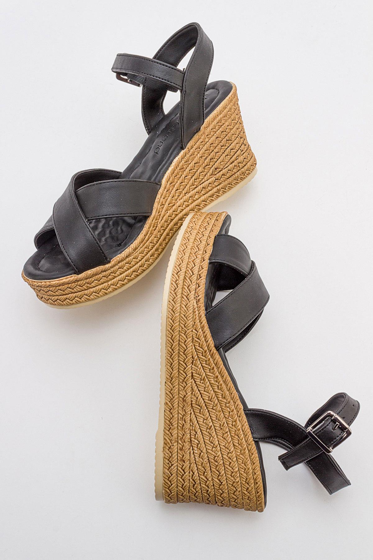 Kadın Çapraz Bantlı Dolgu Topuklu Sandalet SİYAH CİLT - Görsel 7