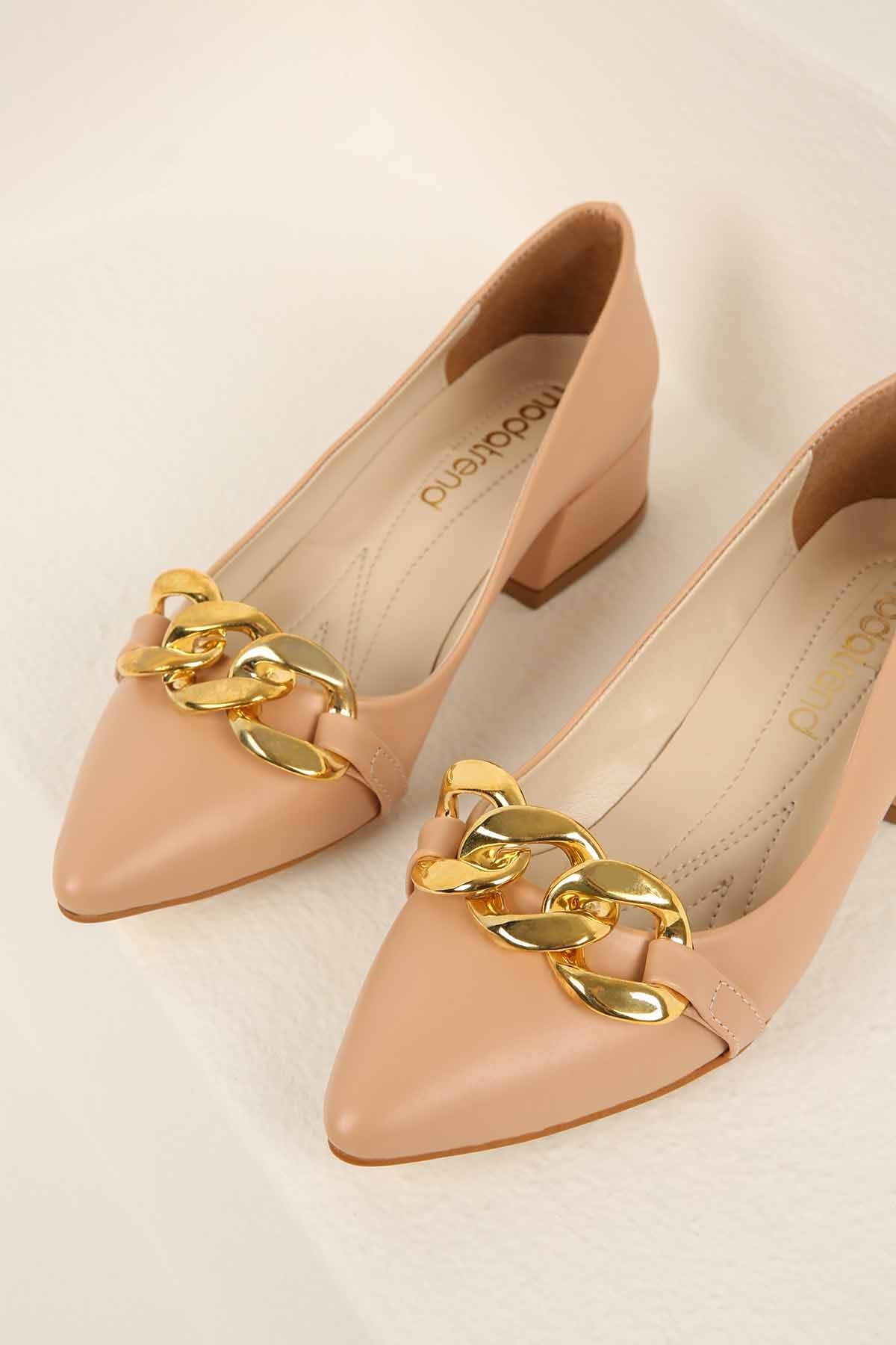 Kadın Zincirli Günlük Topuklu Ayakkabı NUDE CİLT - Görsel 3
