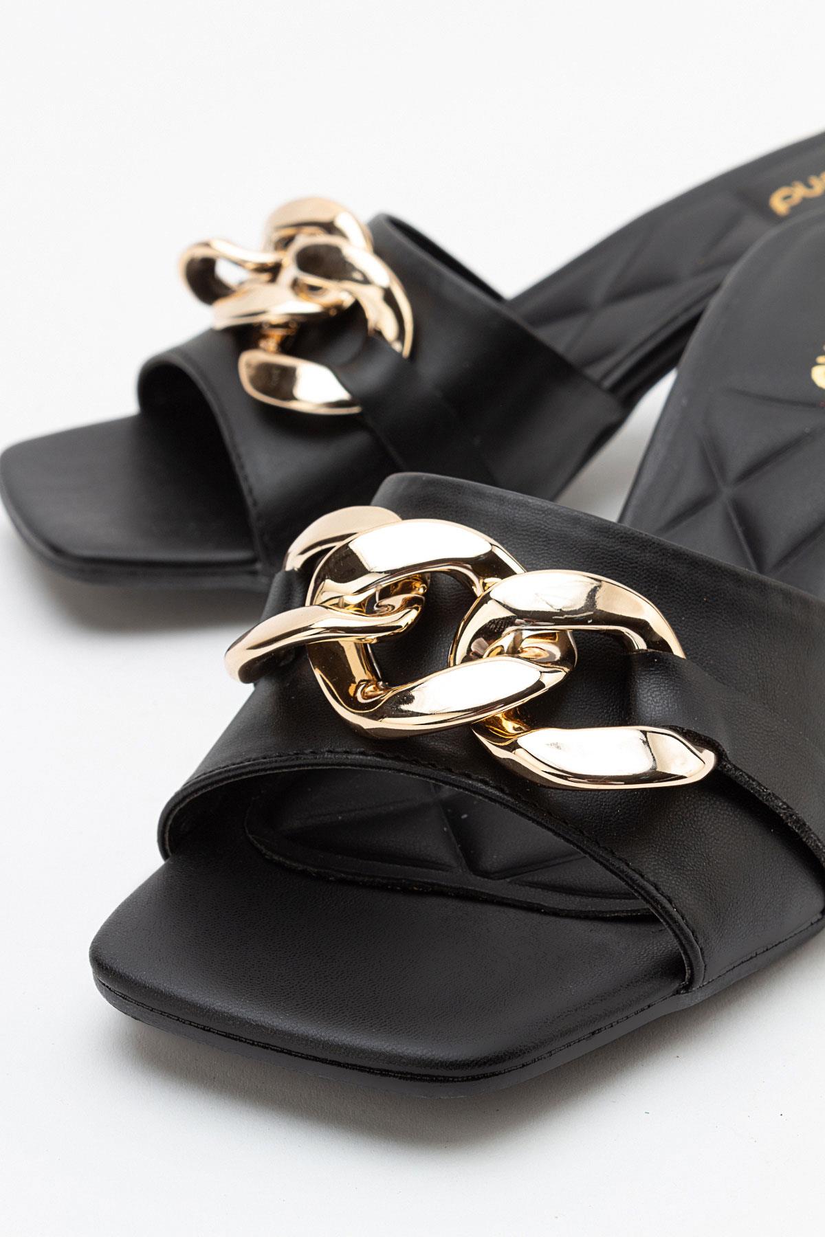 Zincirli Kadın Topuklu Terlik SİYAH CİLT - Görsel 4