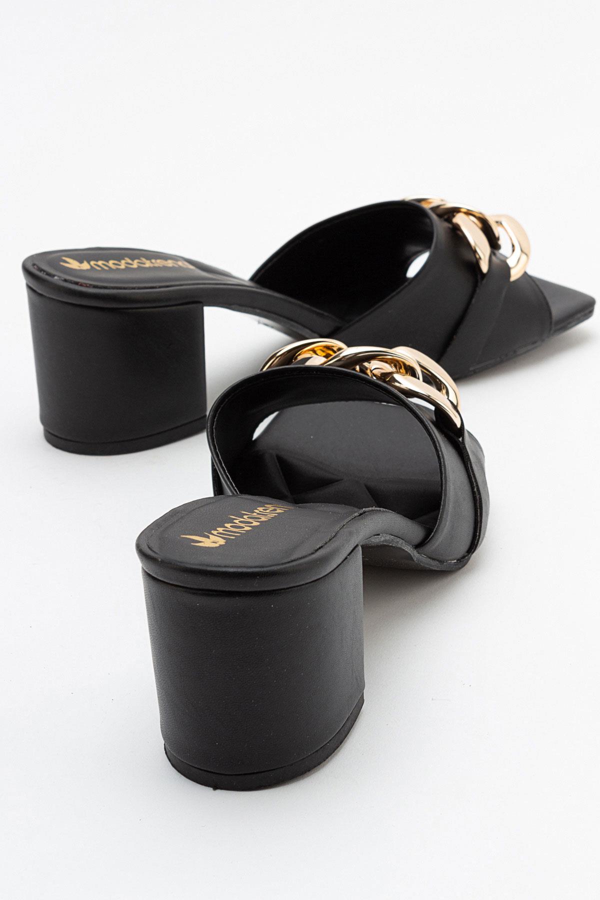 Zincirli Kadın Topuklu Terlik SİYAH CİLT - Görsel 5