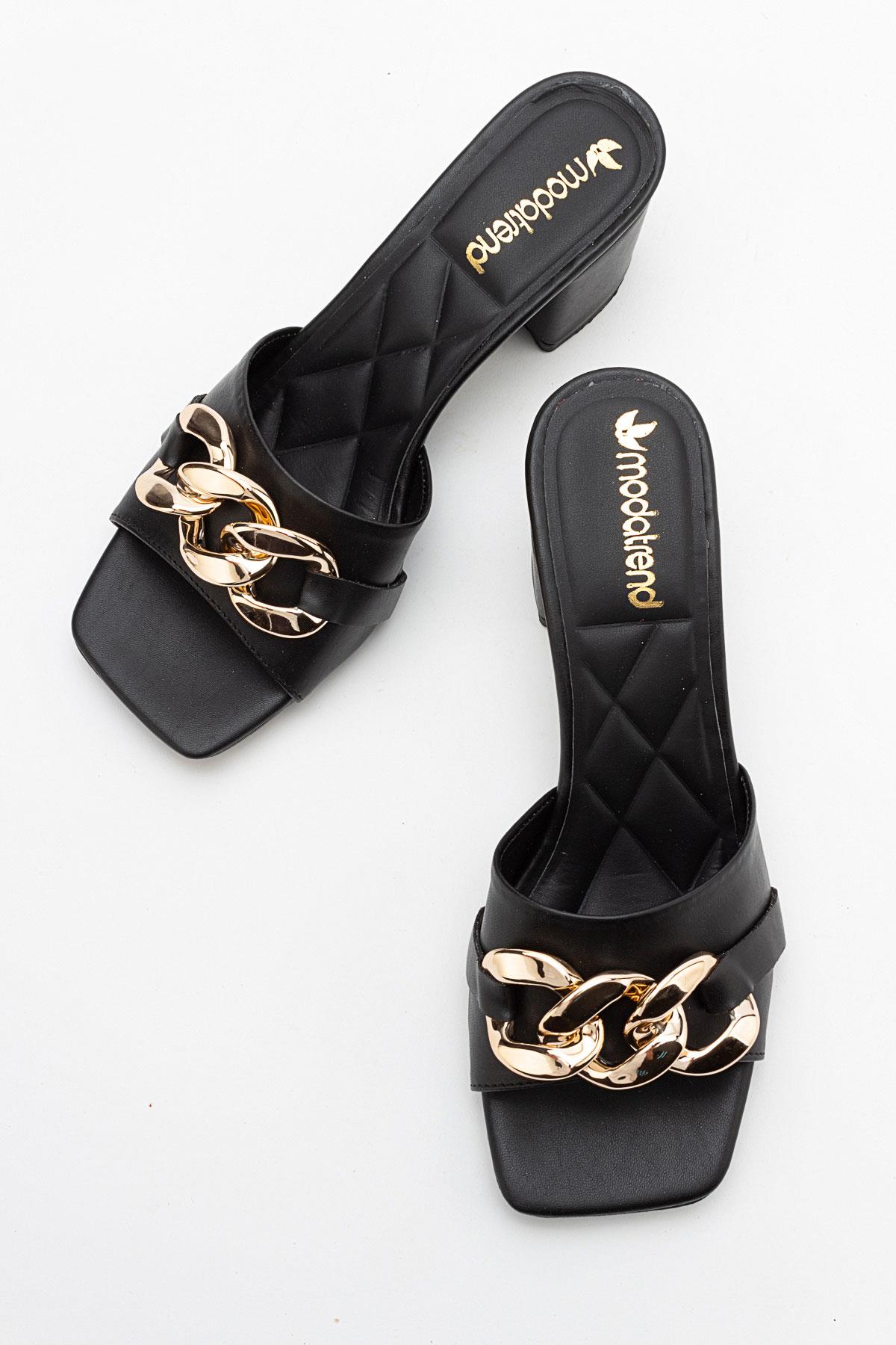Zincirli Kadın Topuklu Terlik SİYAH CİLT - Görsel 6