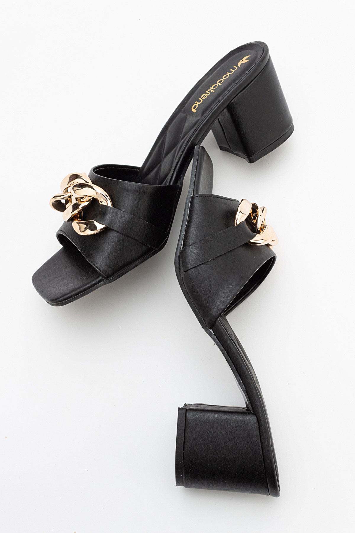 Zincirli Kadın Topuklu Terlik SİYAH CİLT - Görsel 7