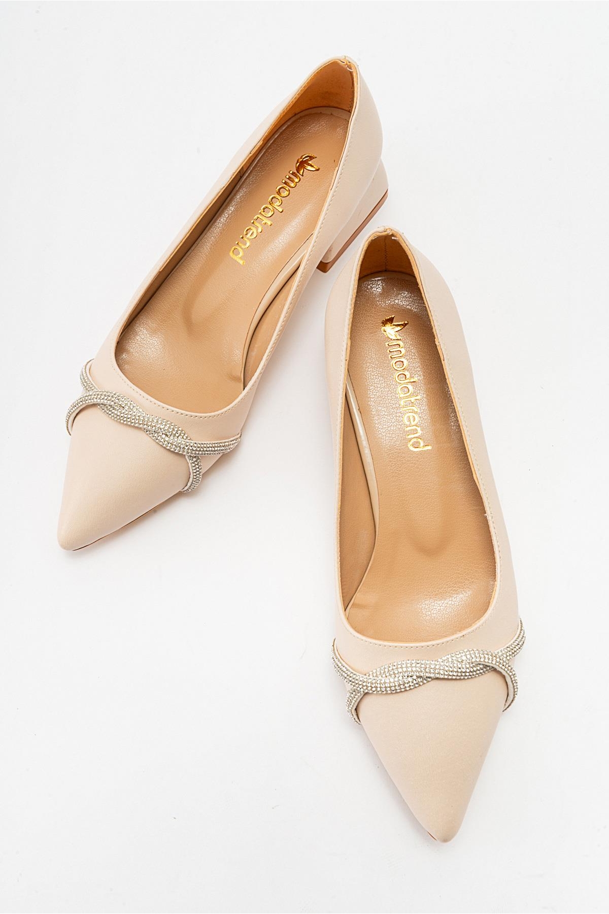 Çapraz Taşlı Kadın Topuklu Ayakkabı TEN CİLT - Görsel 6