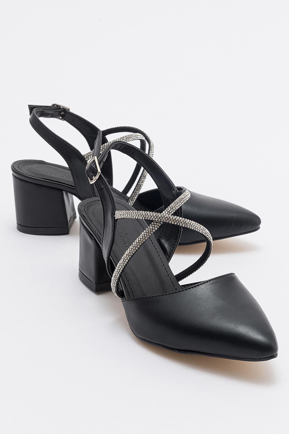 Kadın Çapraz Taşlı Topuklu Ayakkabı SİYAH CİLT - Görsel 2