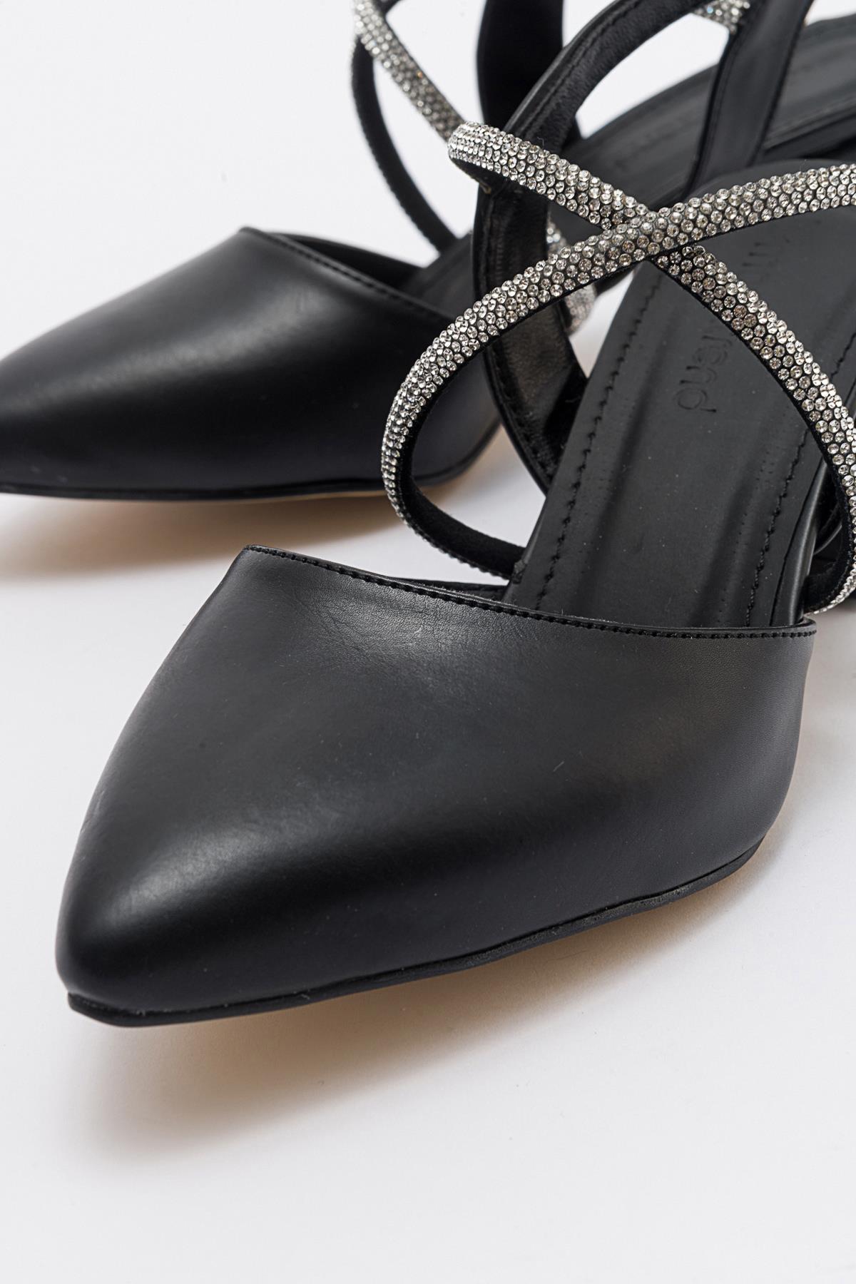 Kadın Çapraz Taşlı Topuklu Ayakkabı SİYAH CİLT - Görsel 4