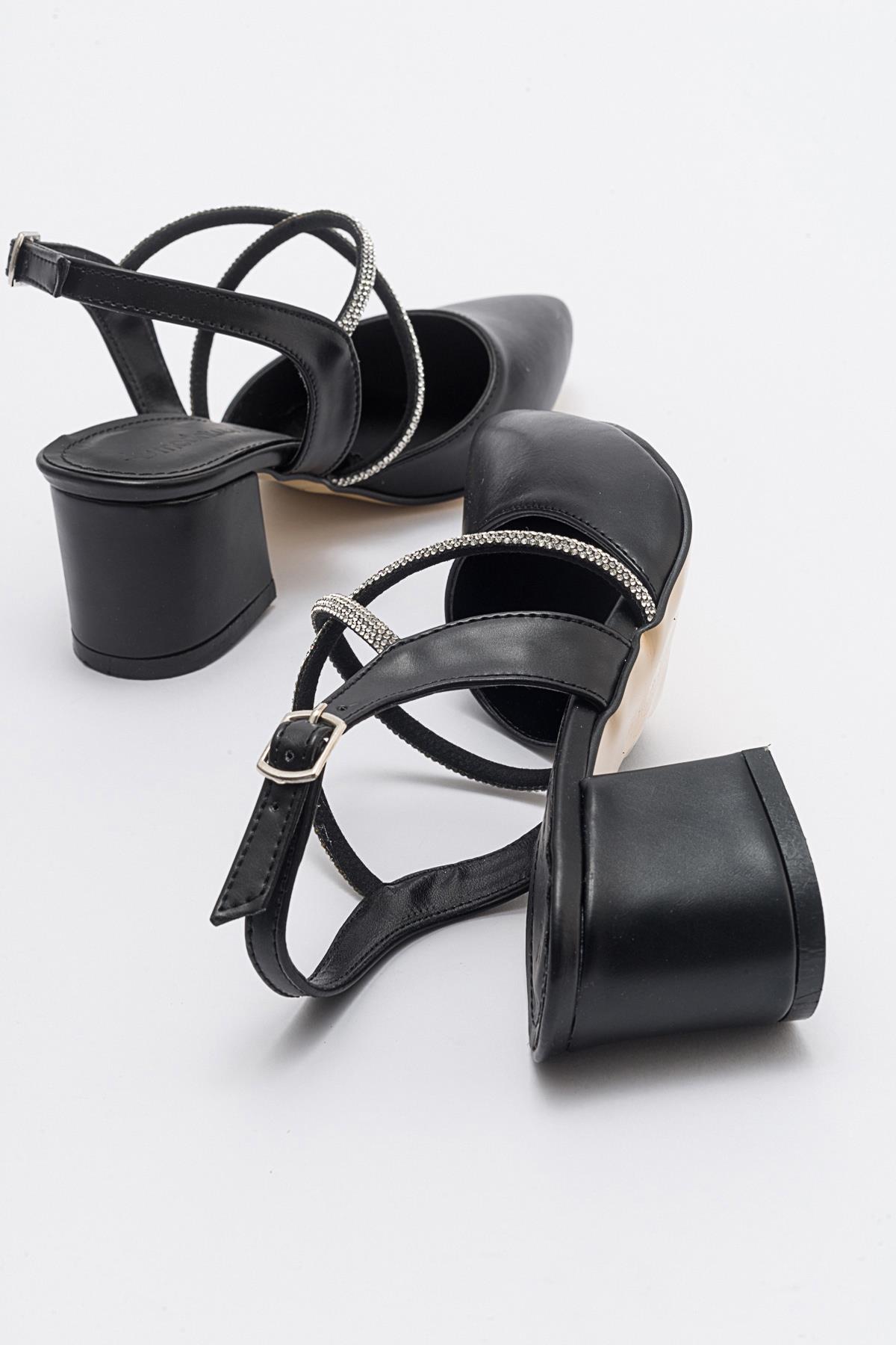 Kadın Çapraz Taşlı Topuklu Ayakkabı SİYAH CİLT - Görsel 5