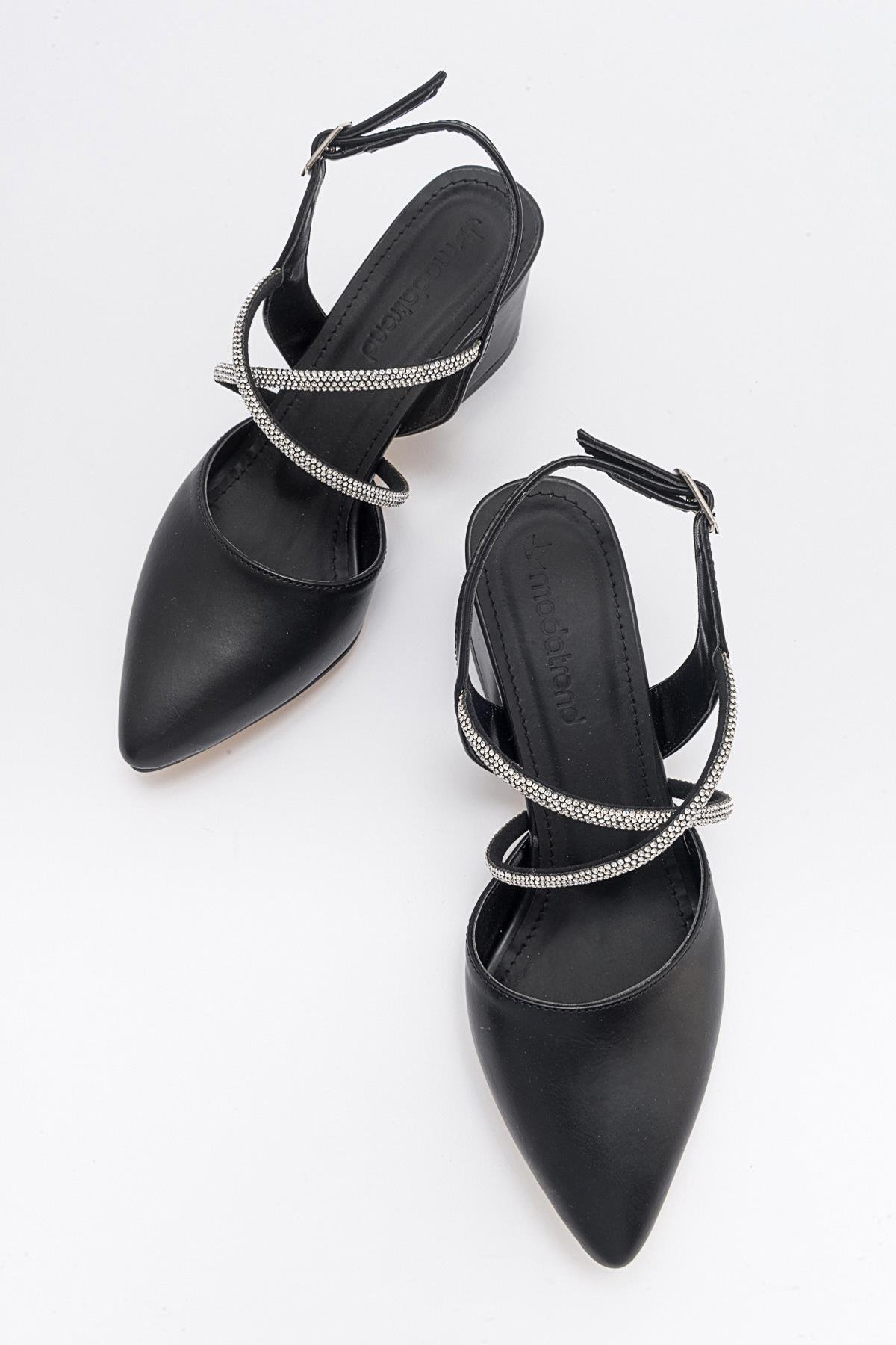 Kadın Çapraz Taşlı Topuklu Ayakkabı SİYAH CİLT - Görsel 6