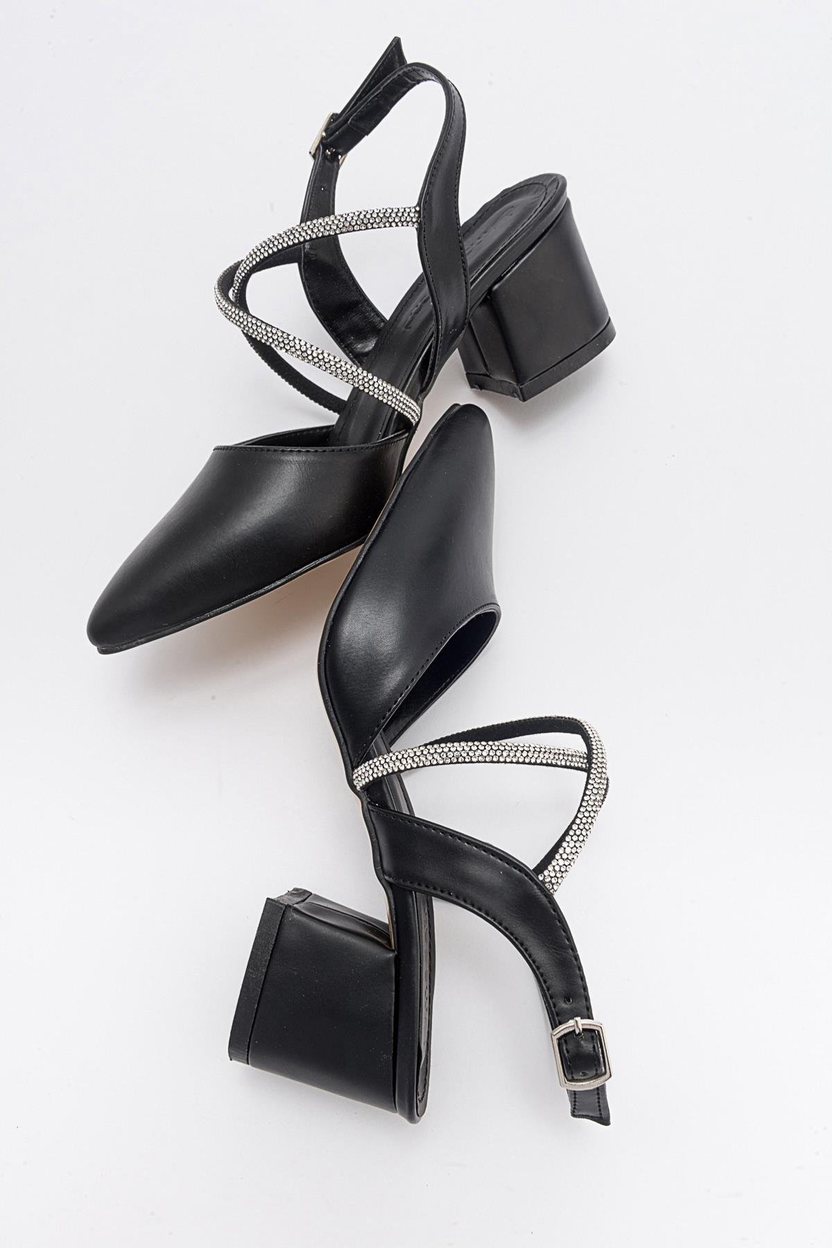 Kadın Çapraz Taşlı Topuklu Ayakkabı SİYAH CİLT - Görsel 7