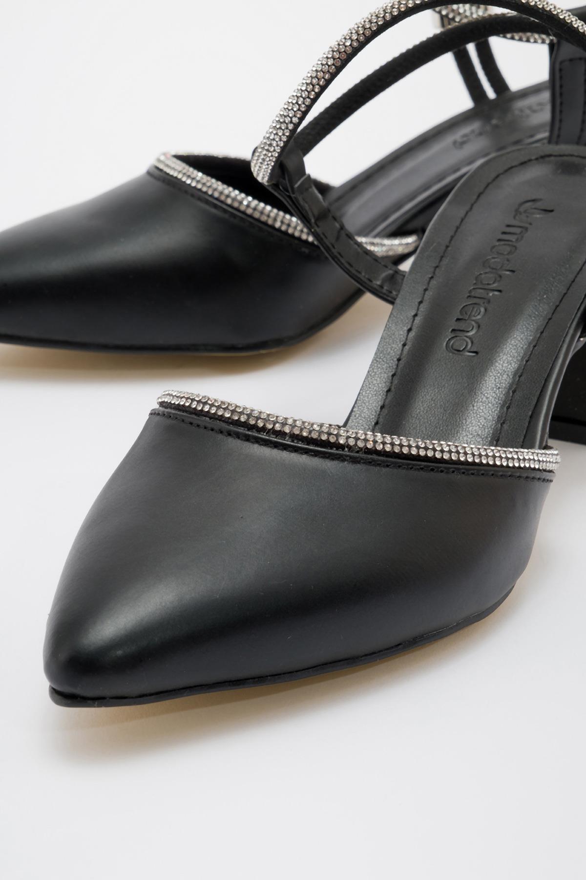 Taş Detay Kadın Topuklu Ayakkabı SİYAH CİLT - Görsel 4