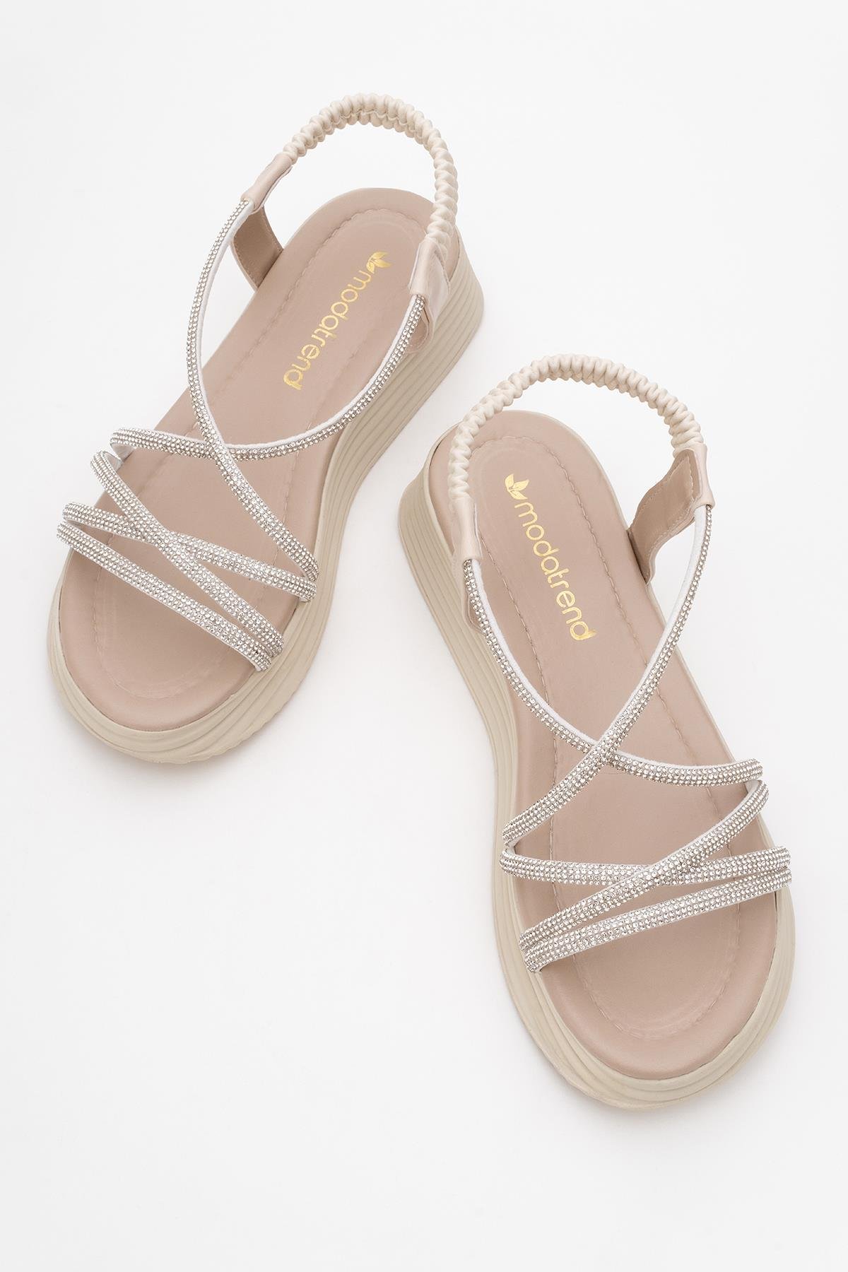 Kadın Çapraz Taşlı Sandalet BEJ - Görsel 6