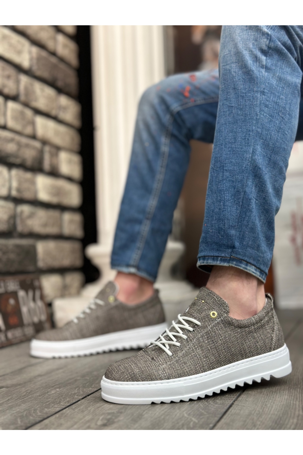 Bağcıklı Keten Erkek Ayakkabı KAHVE (BEYAZ TABAN) - Görsel 3