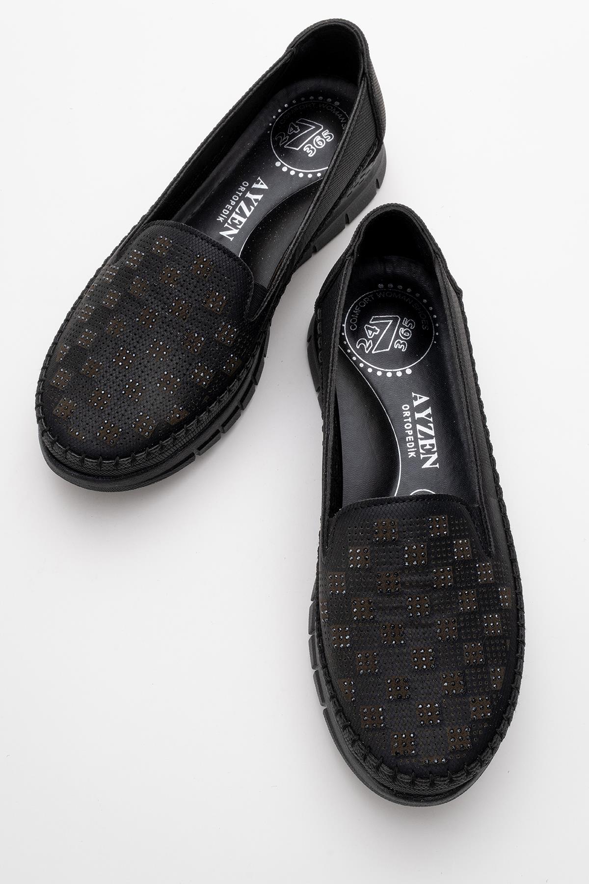 Kadın Taşlı Kare Desen Günlük Ayakkabı SİYAH KOT - Görsel 6
