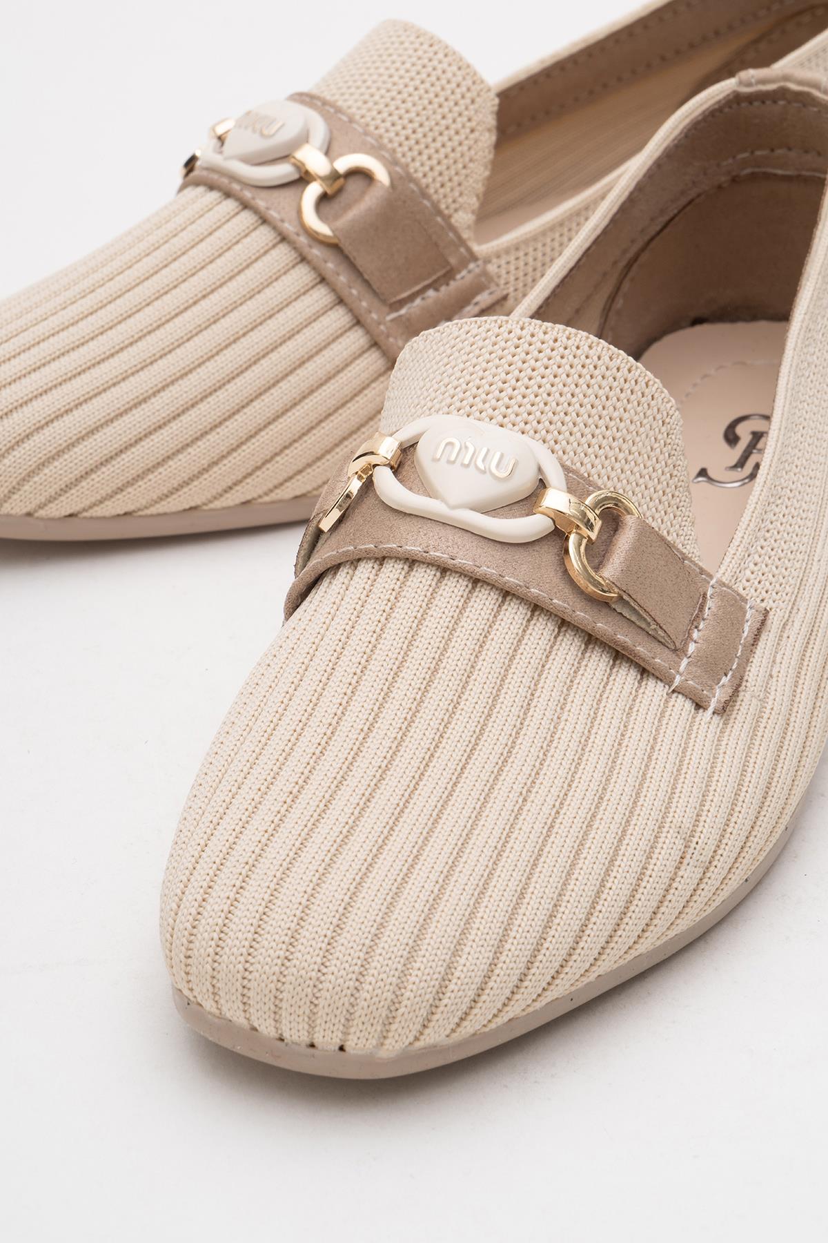 Kadın Tokalı Triko Ayakkabı BEJ - Görsel 4