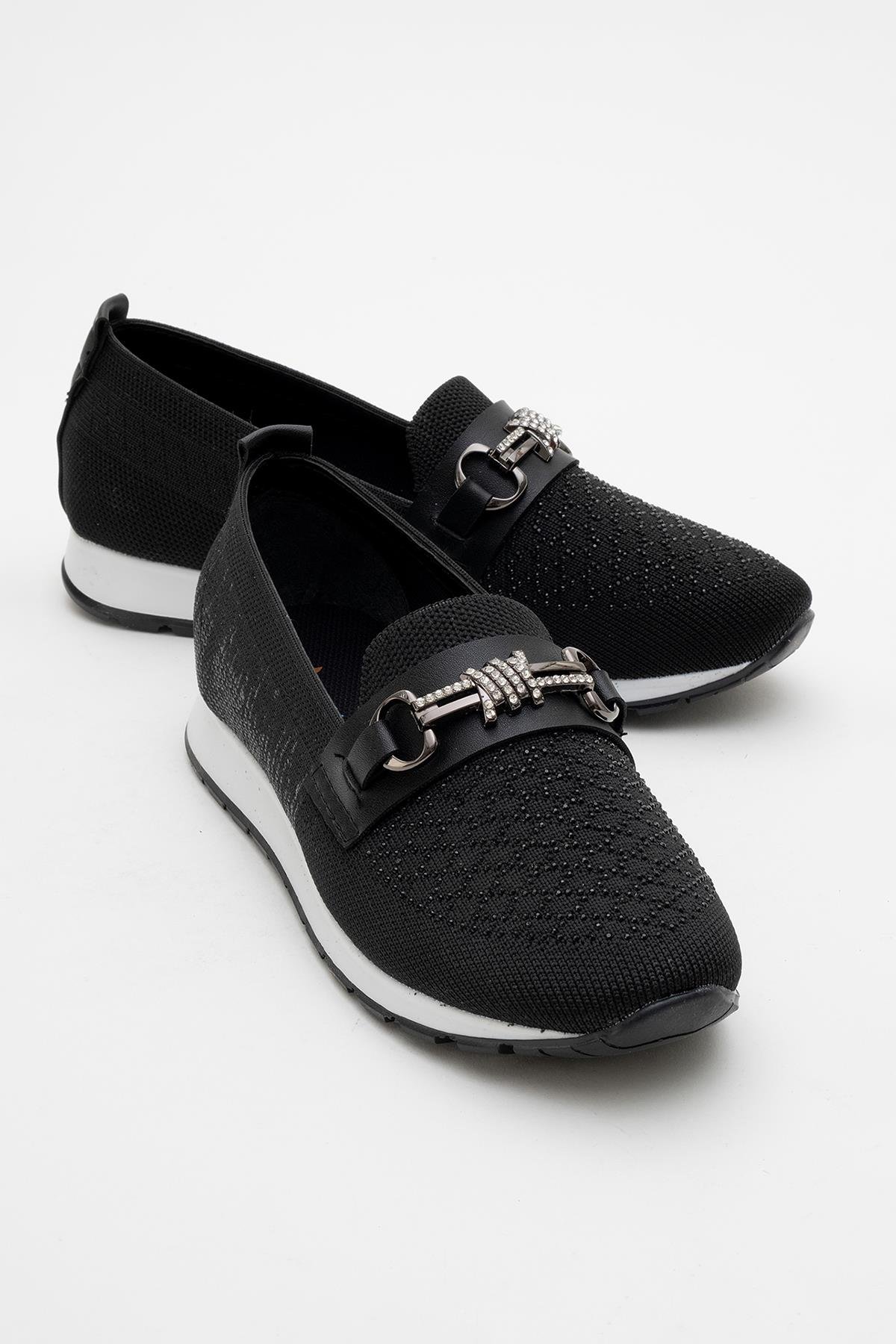 Kadın Taşlı Tokalı Triko Günlük Ayakkabı SİYAH - Görsel 3