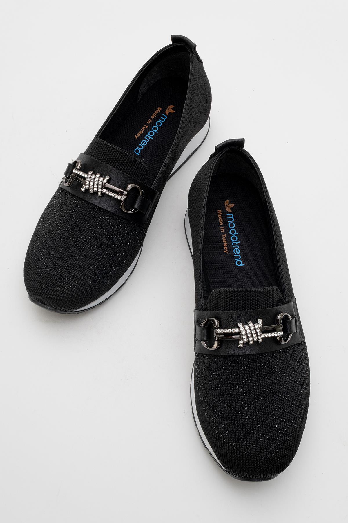 Kadın Taşlı Tokalı Triko Günlük Ayakkabı SİYAH - Görsel 6