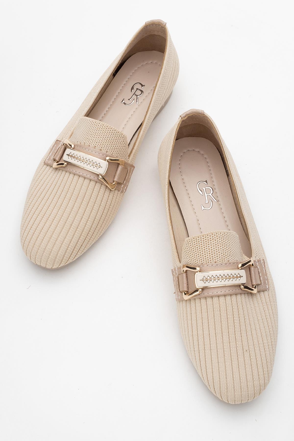 Kadın Tokalı Triko Günlük Ayakkabı BEJ - Görsel 4