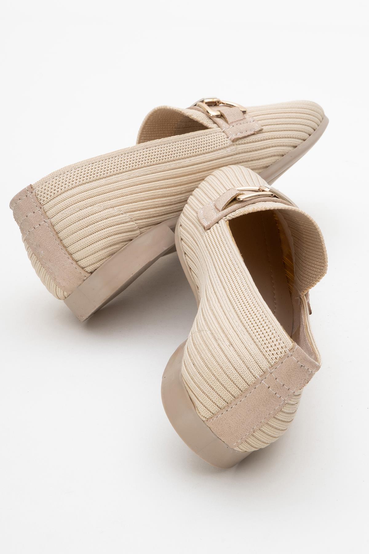 Kadın Tokalı Triko Günlük Ayakkabı BEJ - Görsel 5