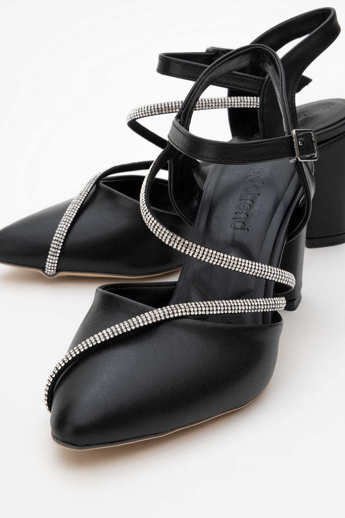 Kadın Taşlı Biyeli Topuklu Ayakkabı SİYAH CİLT - Görsel 4