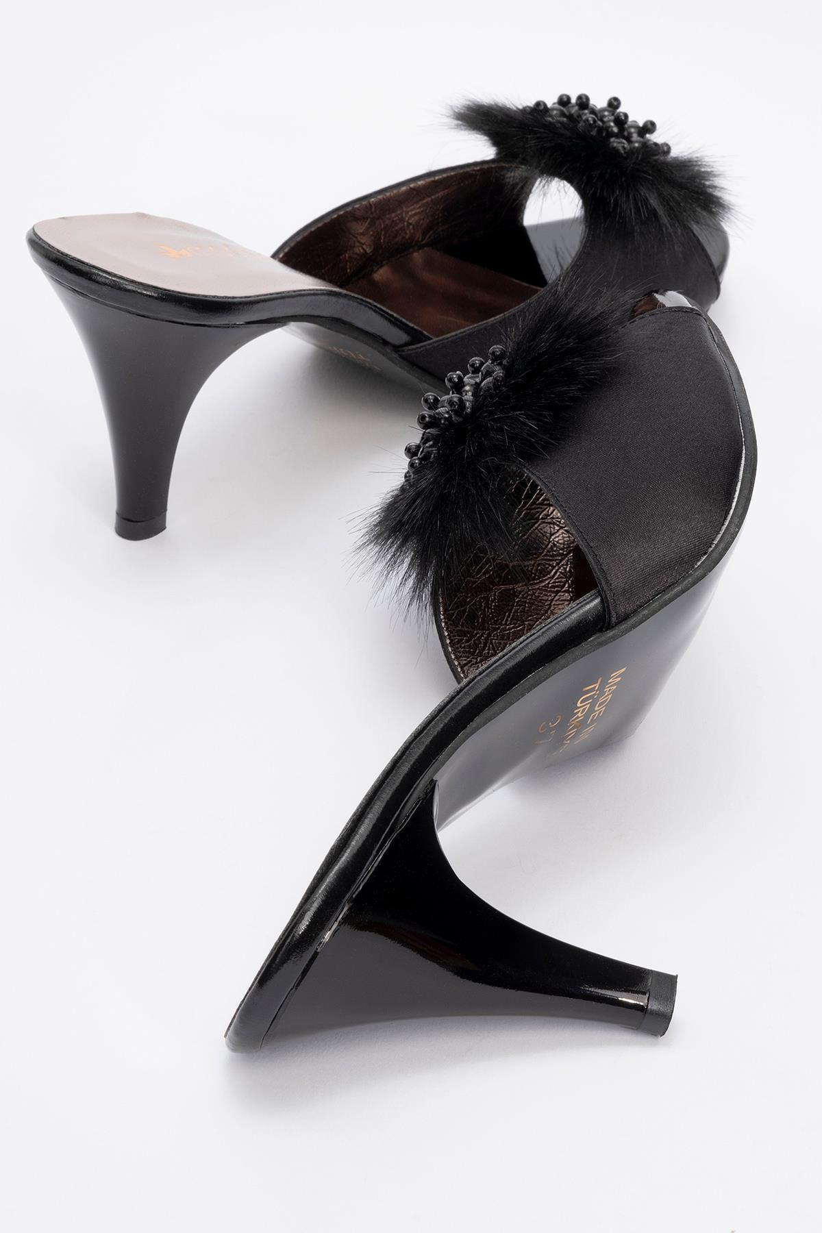 Kadın Tüylü İncili Topuklu Terlik SİYAH SATEN - Görsel 5