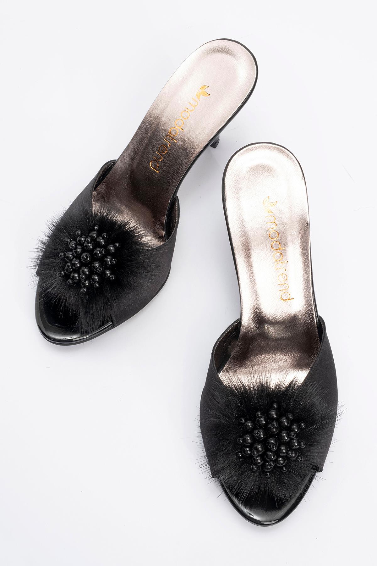 Kadın Tüylü İncili Topuklu Terlik SİYAH SATEN - Görsel 6