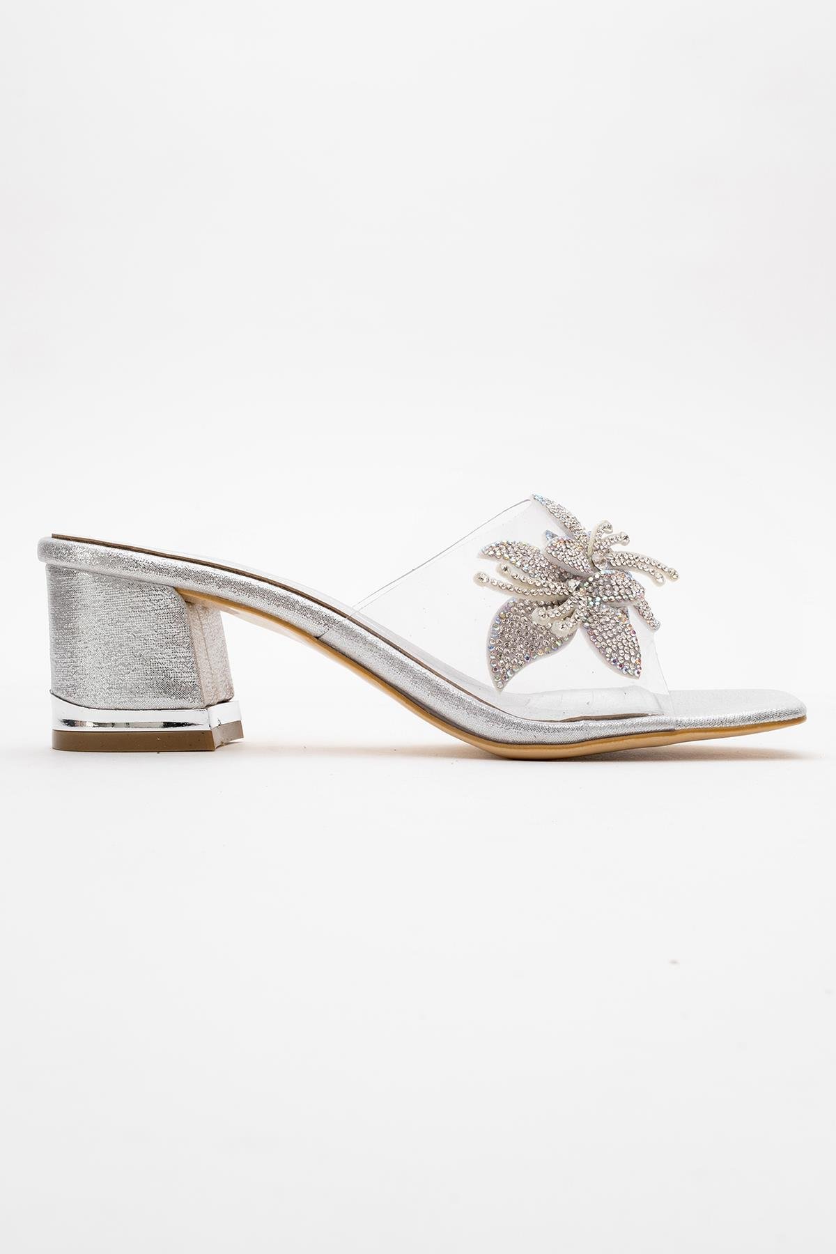 Kadın Taşlı Çiçekli Şeffaf Topuklu Terlik GÜMÜŞ - Görsel 3