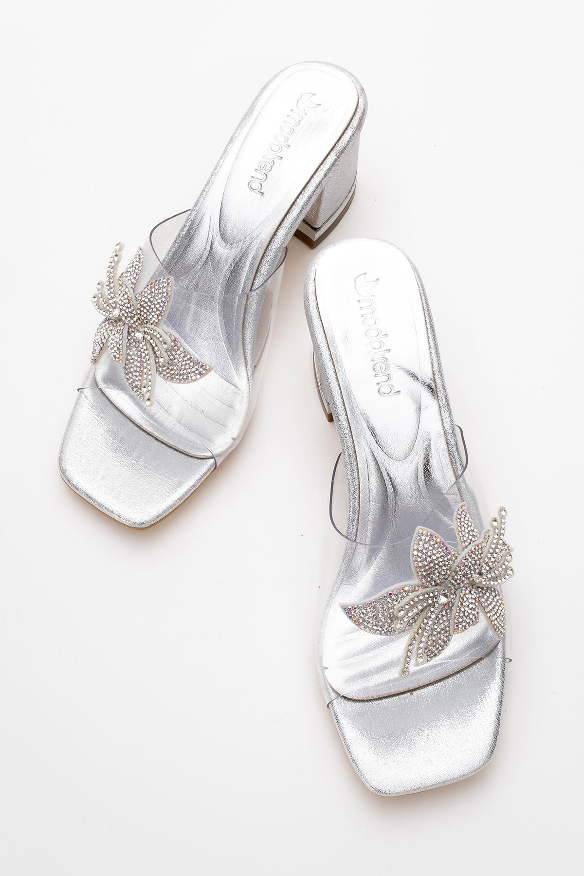 Kadın Taşlı Çiçekli Şeffaf Topuklu Terlik GÜMÜŞ - Görsel 6