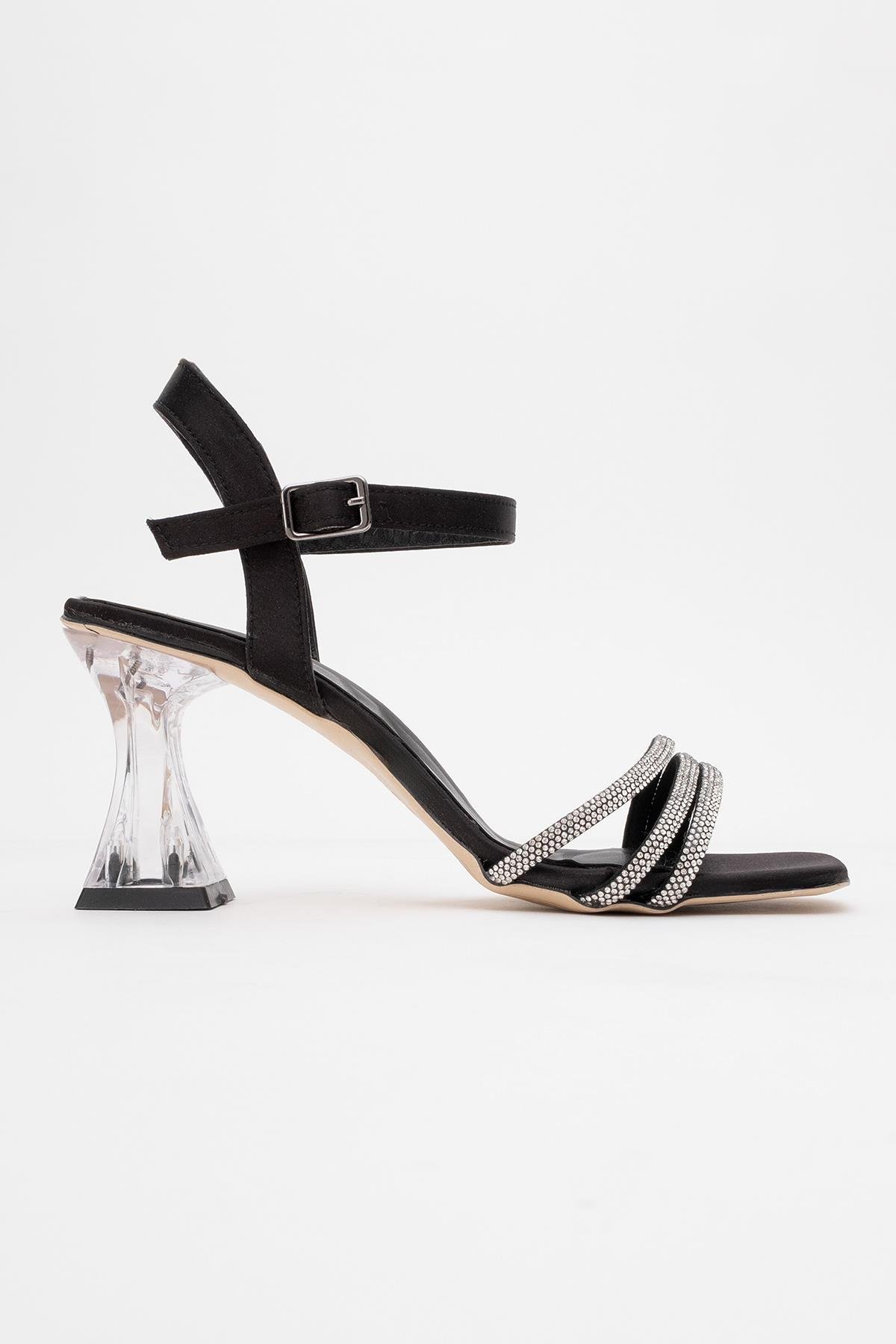 Kadın Taşlı Topuklu Sandalet SİYAH SATEN - Görsel 3