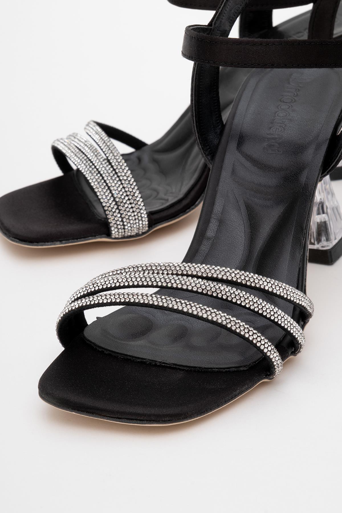 Kadın Taşlı Topuklu Sandalet SİYAH SATEN - Görsel 4