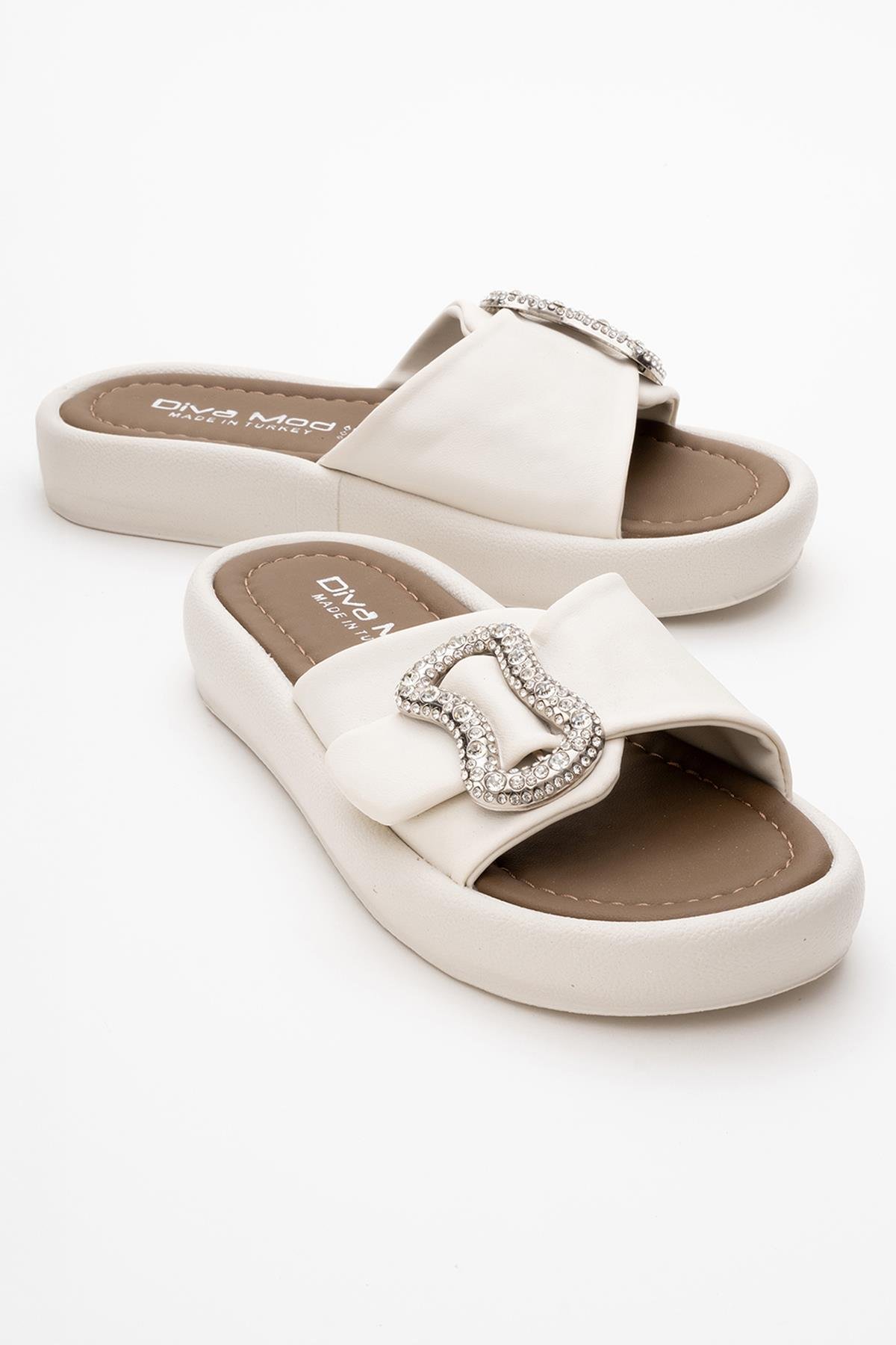 Kadın Taşlı Tokalı Terlik EKRU KAHVE - Görsel 2