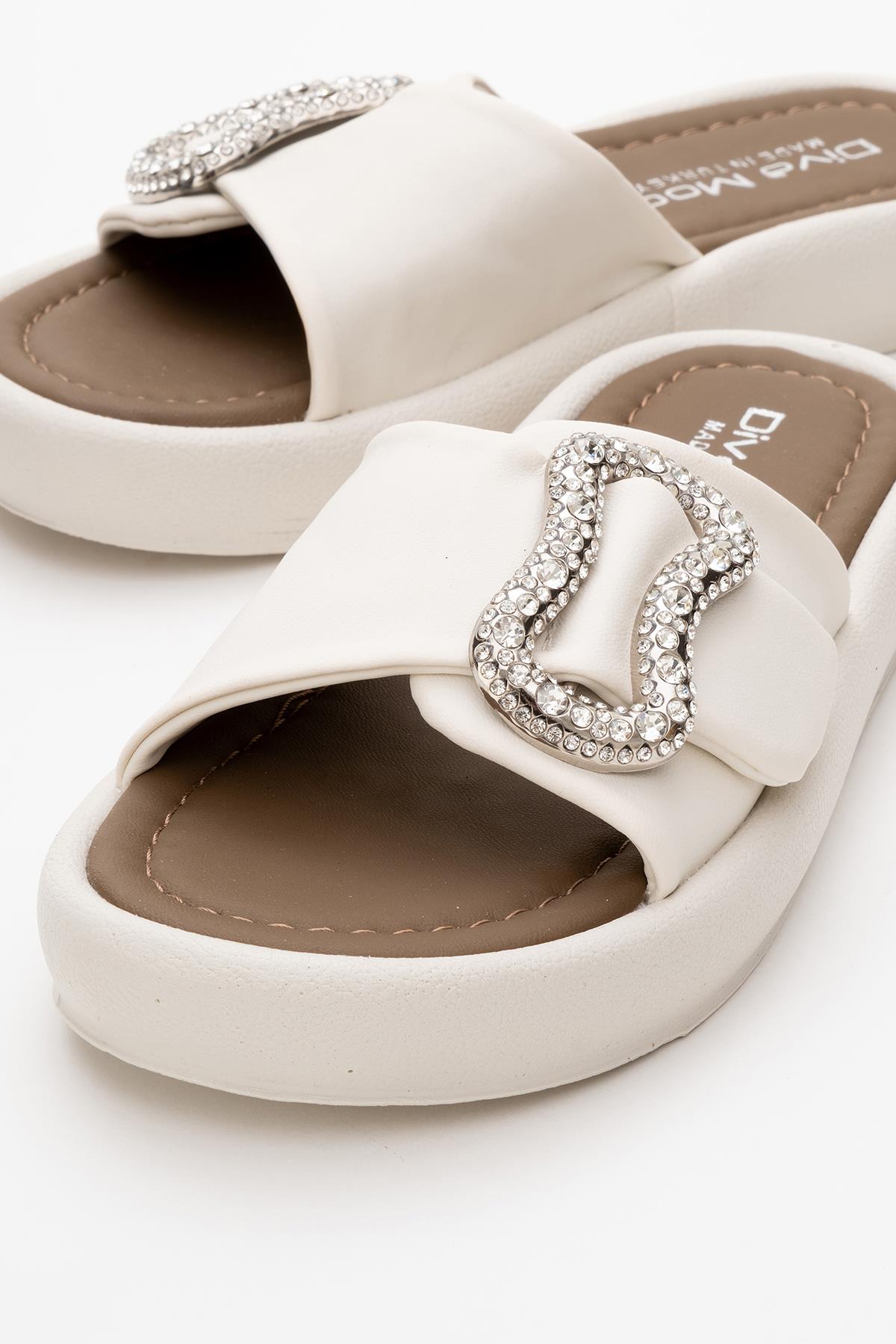 Kadın Taşlı Tokalı Terlik EKRU KAHVE - Görsel 4